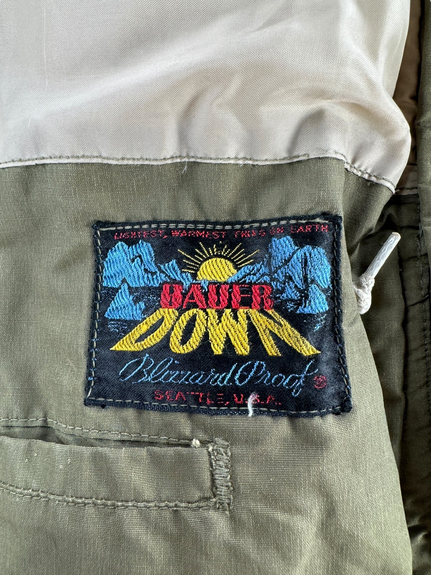 Label on Vintage Eddie Bauer Down Blizzard Proof Green Parka SZ M