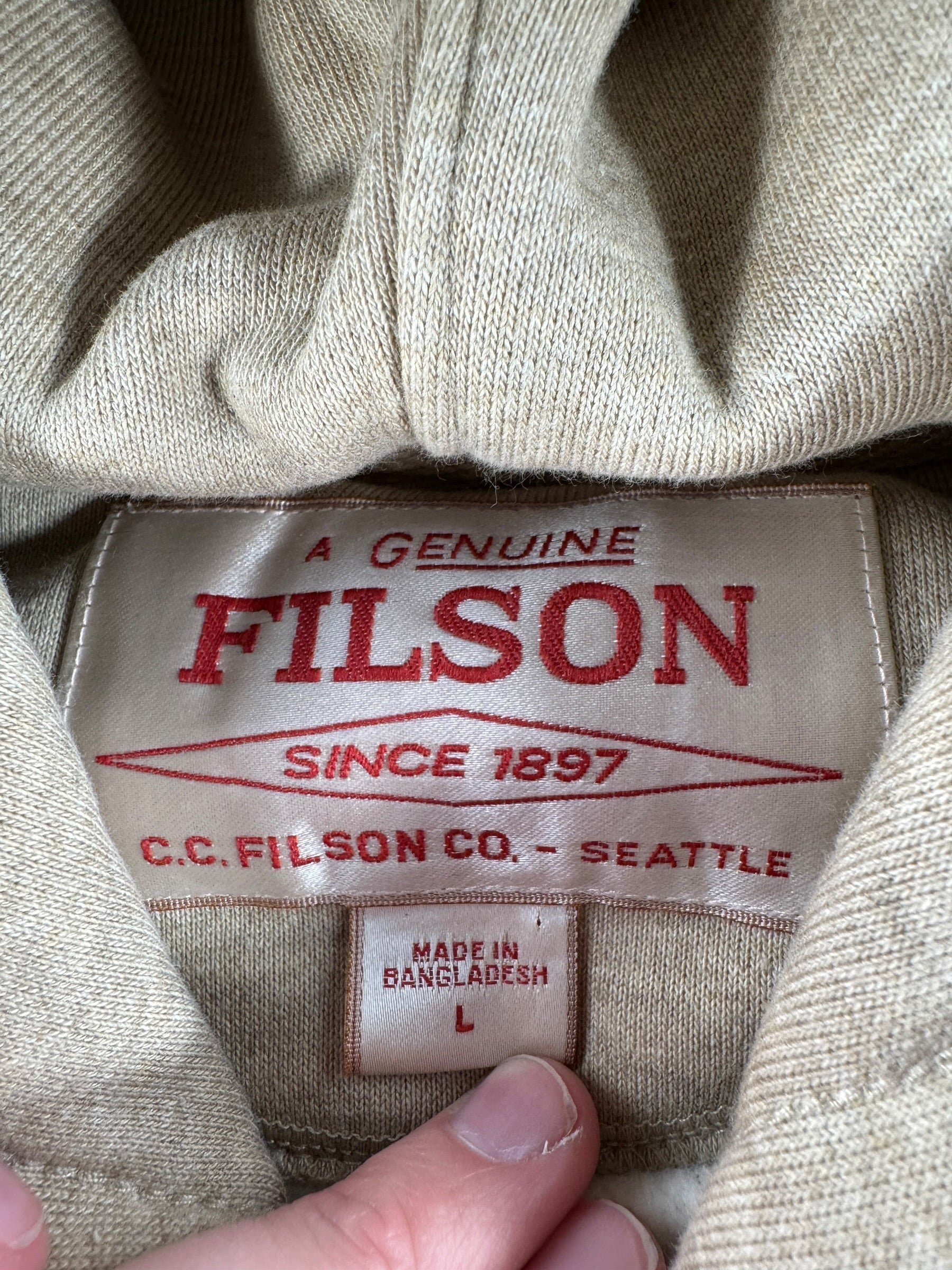 Tag on Filson Oat Heather Prospector Hoodie SZ L