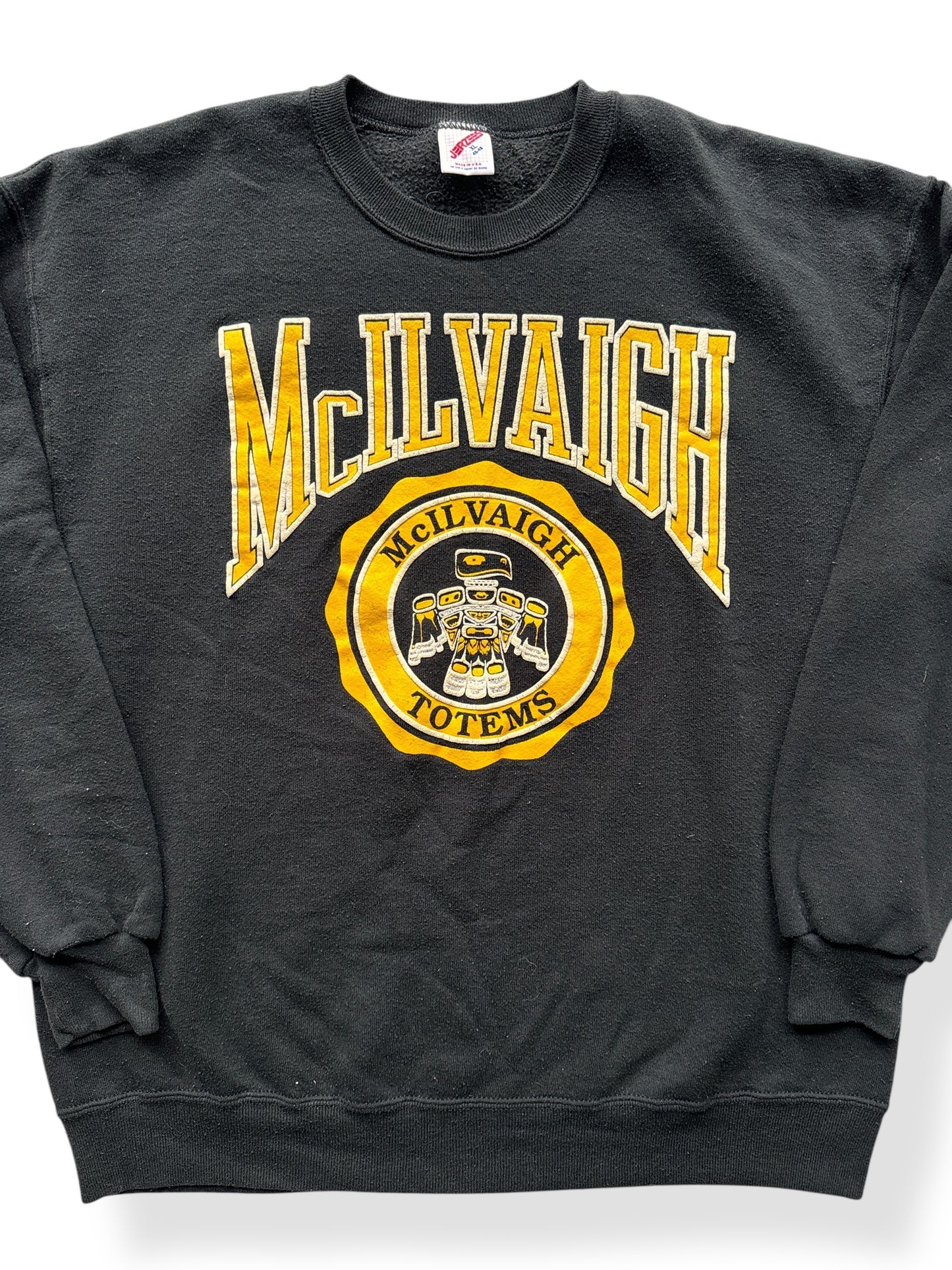 Front Close Up of Vintage McIlvaigh Totems Crewneck SZ XL