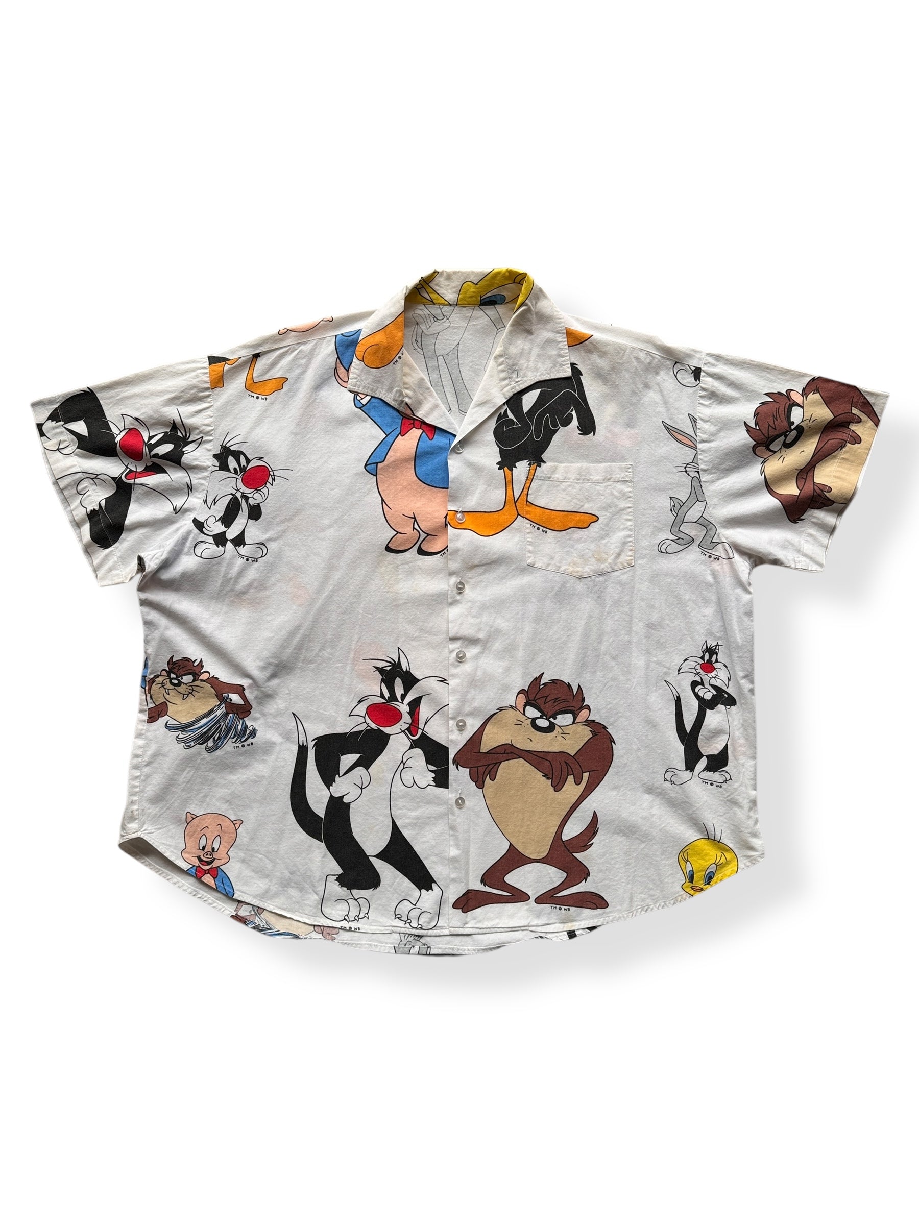Front of Vintage White Daffy & Porky Button Up SZ XXL