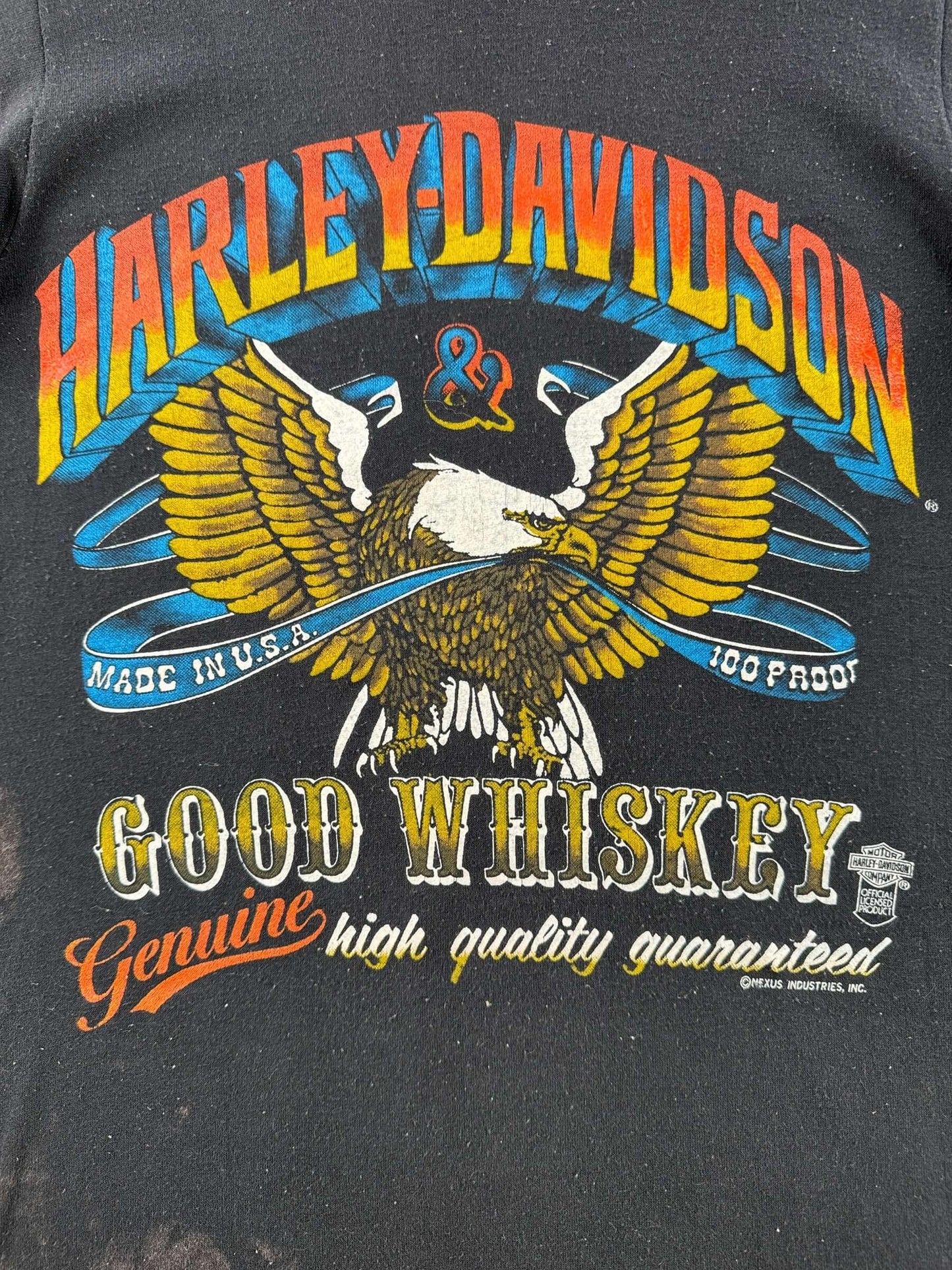 Front graphic on Vintage 80s Harley Davidson Whiskey Tee SZ S (Fits XS)