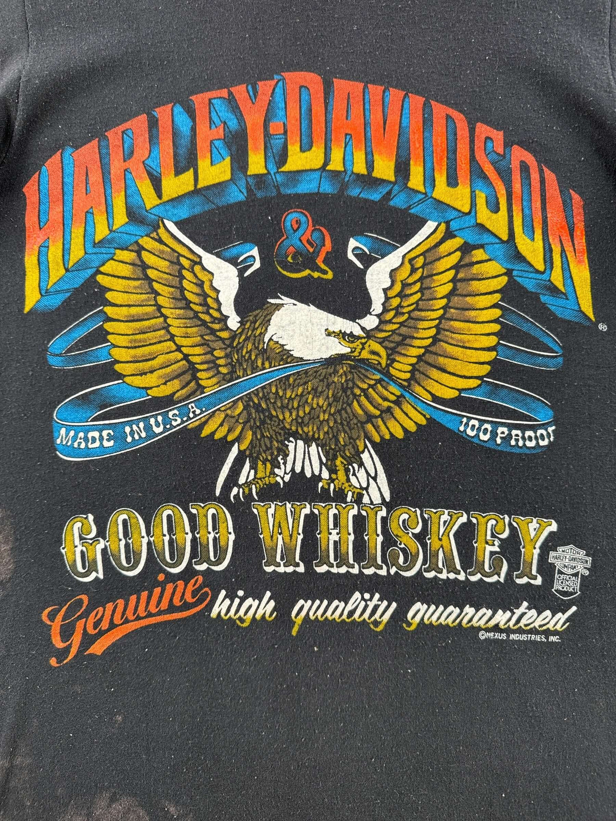 Front graphic on Vintage 80s Harley Davidson Whiskey Tee SZ S (Fits XS)