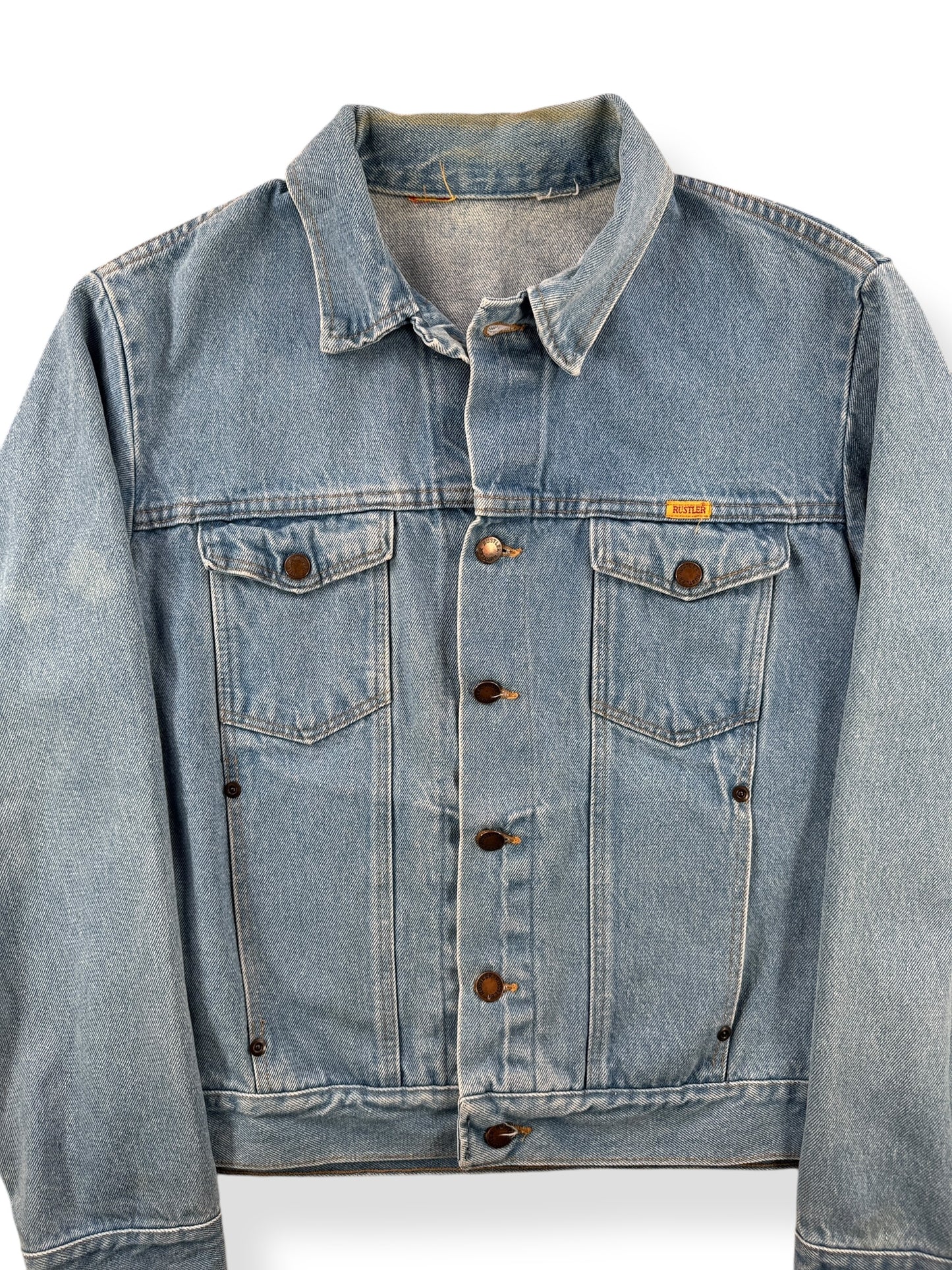 Front Close Up of Vintage Rustler Native Art Denim Jacket SZ L
