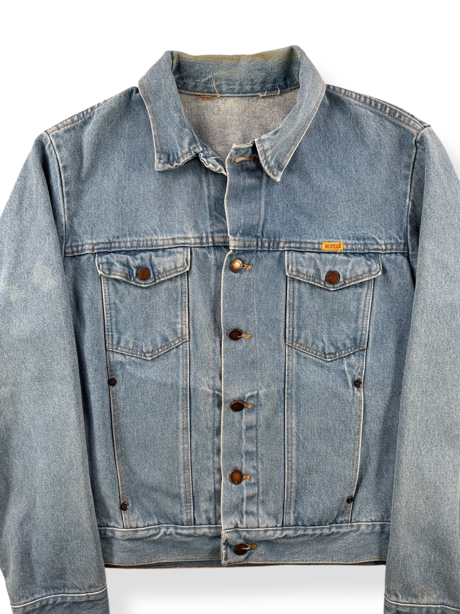 Front Close Up of Vintage Rustler Native Art Denim Jacket SZ L