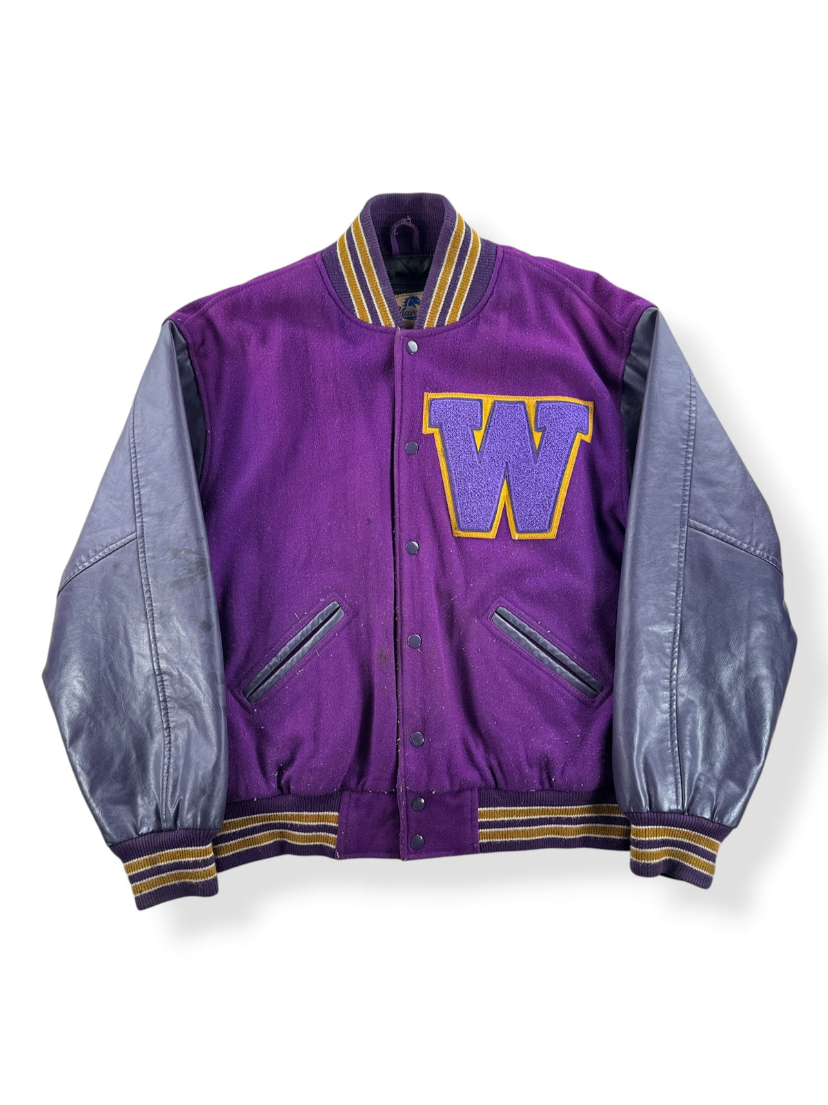 Front of Vintage Maverick UW Distressed Varsity Jacket SZ L