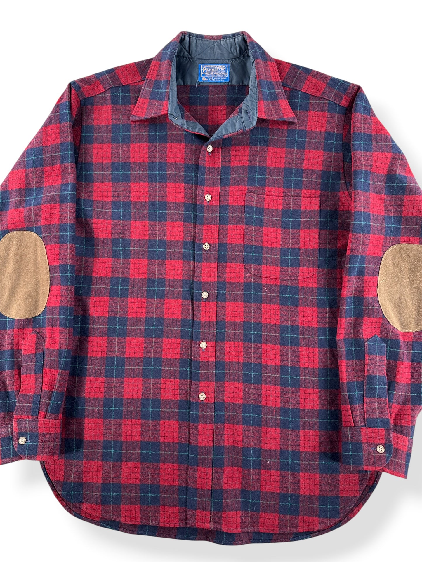 Front Close Up of Vintage Red & Navy Pendleton Flannel W/ Elbow Patches SZ L