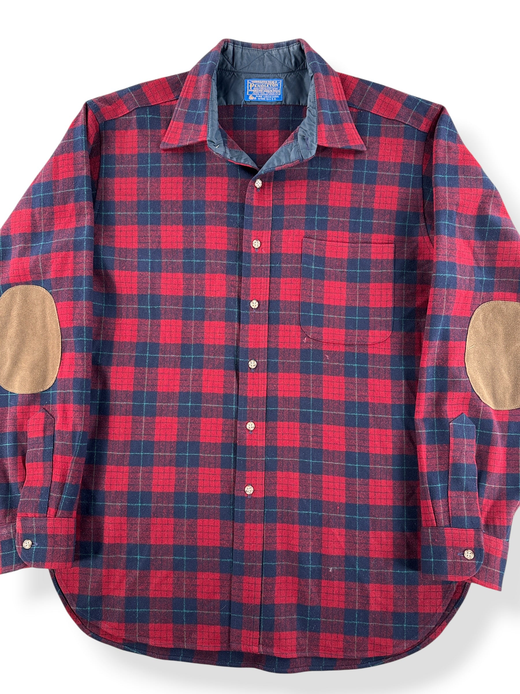 Front Close Up of Vintage Red & Navy Pendleton Flannel W/ Elbow Patches SZ L