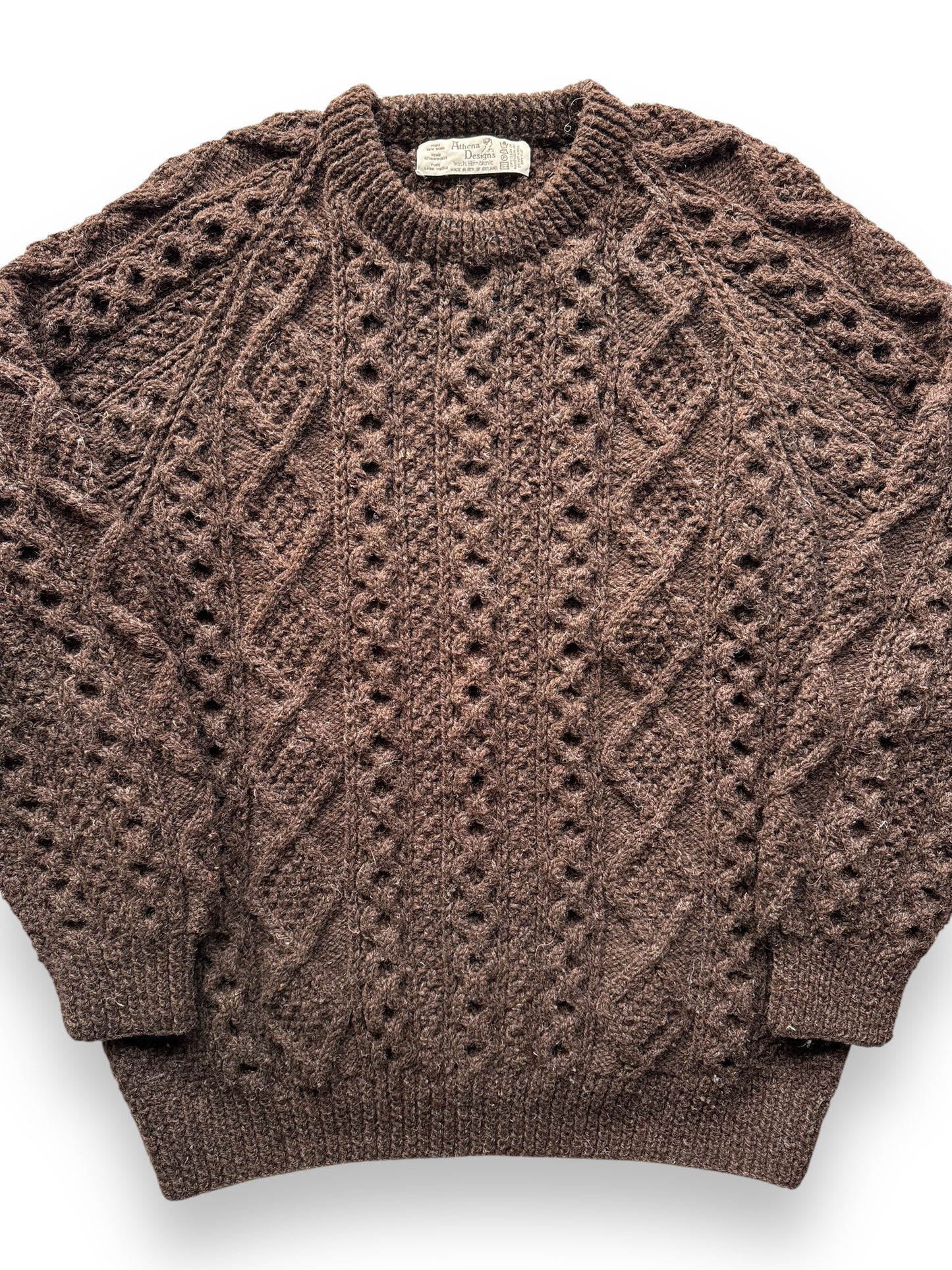 front close up of Vintage Athena Designs Dark Brown Irish Wool Sweater SZ XL