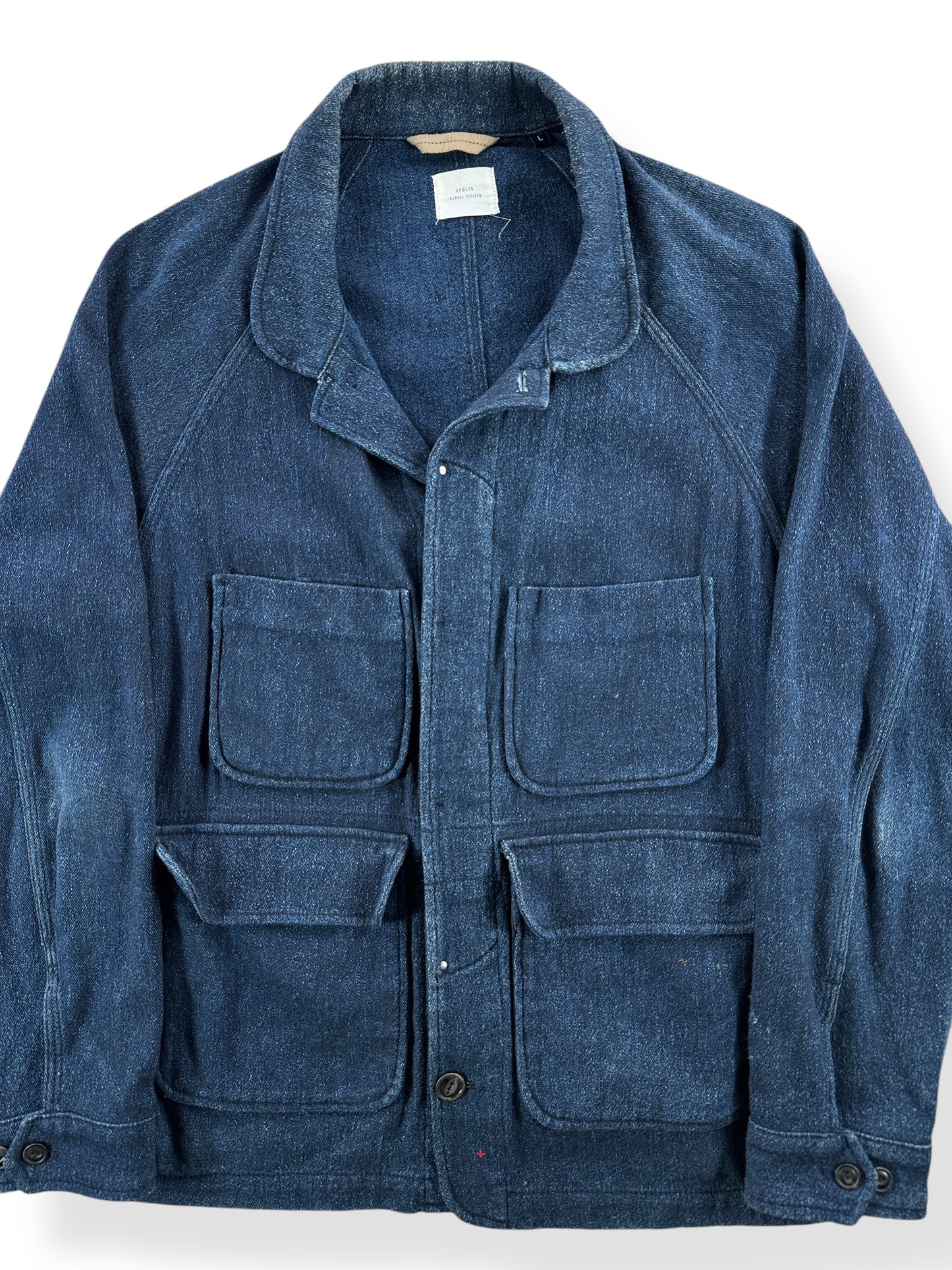 Front Close Up of Modern Apolis Indigo Chore Coat SZ L
