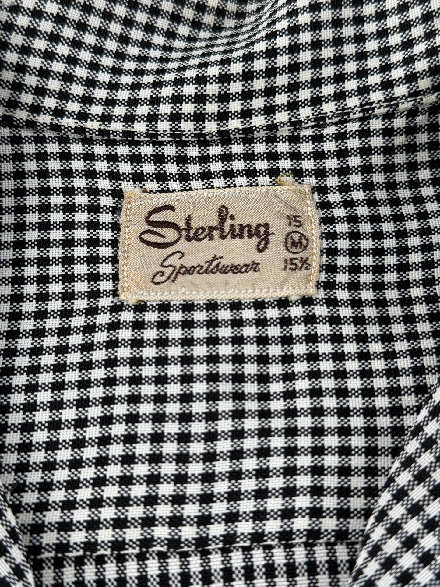 Tag on Vintage 1950s Sterling Black and White Rayon Loop Collar Shirt SZ M