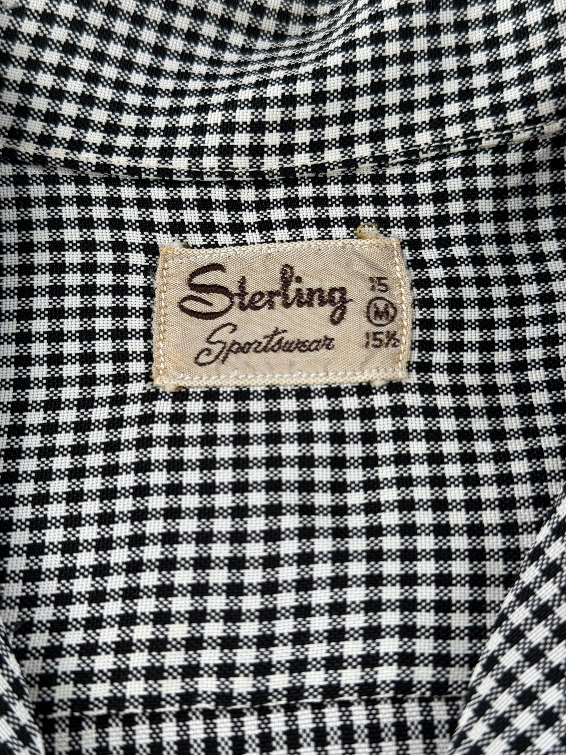 Tag on Vintage 1950s Sterling Black and White Rayon Loop Collar Shirt SZ M