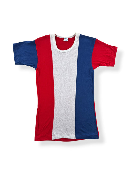 Front of Vintage Champion Blue Bar Colorblock Tee SZ S (Fits XS)