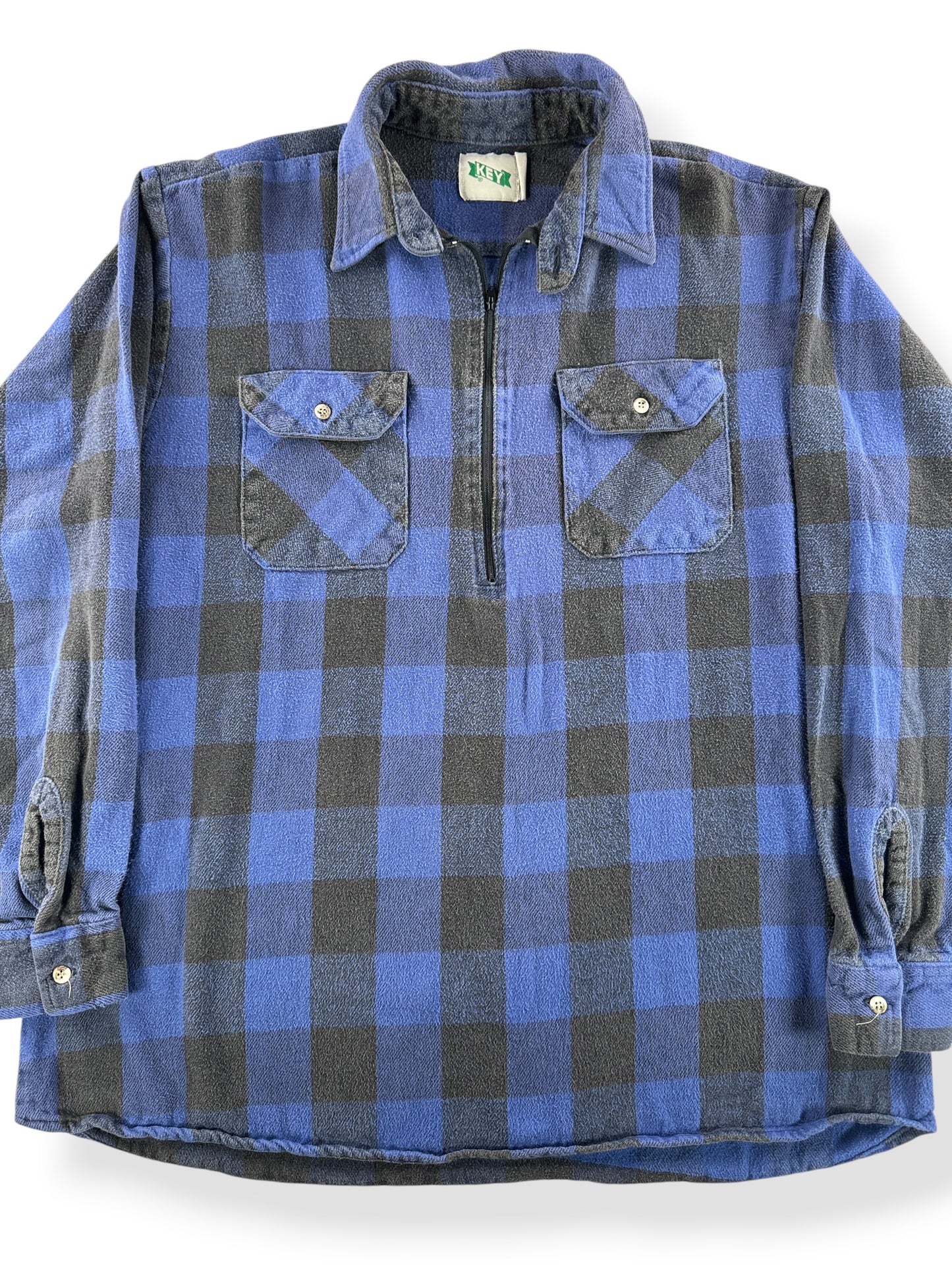 Front Close Up of Vintage Key Quarter Zip Cotton Flannel SZ XXL