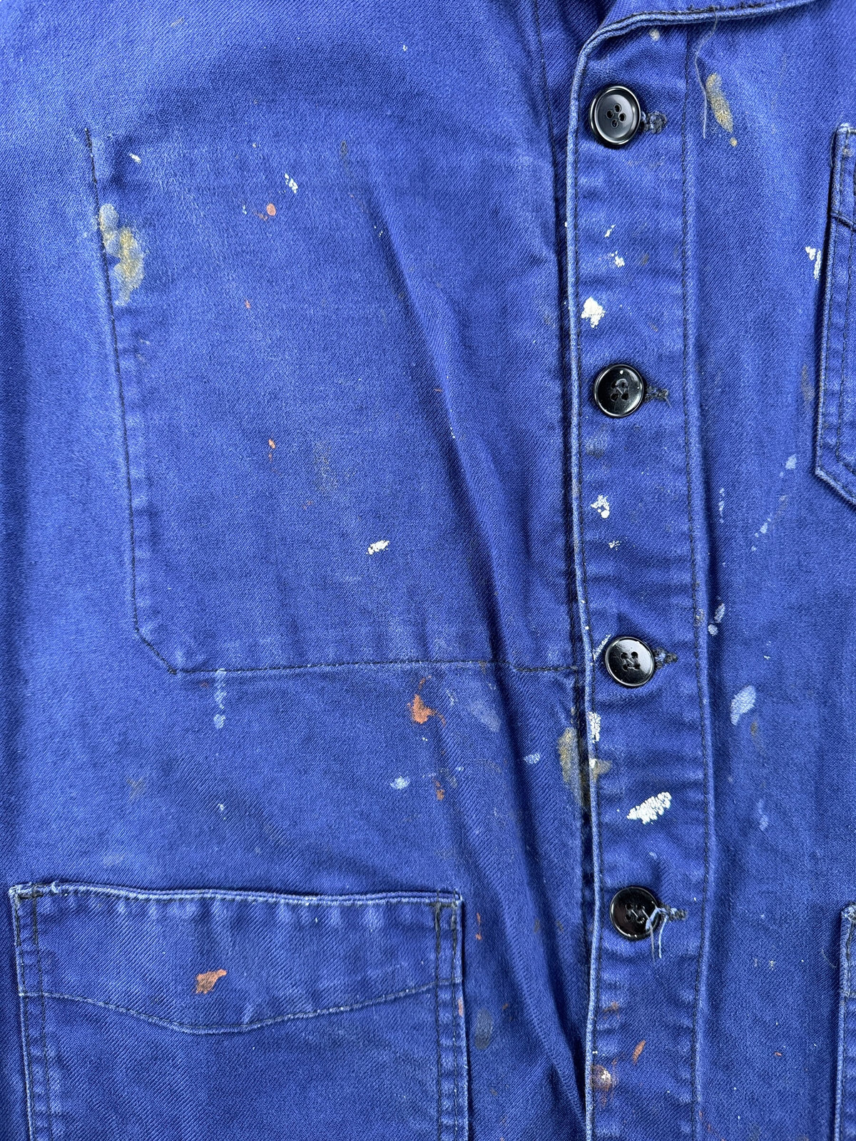 Paint on front of Vintage Paint Splattered French Chore Coat SZ M