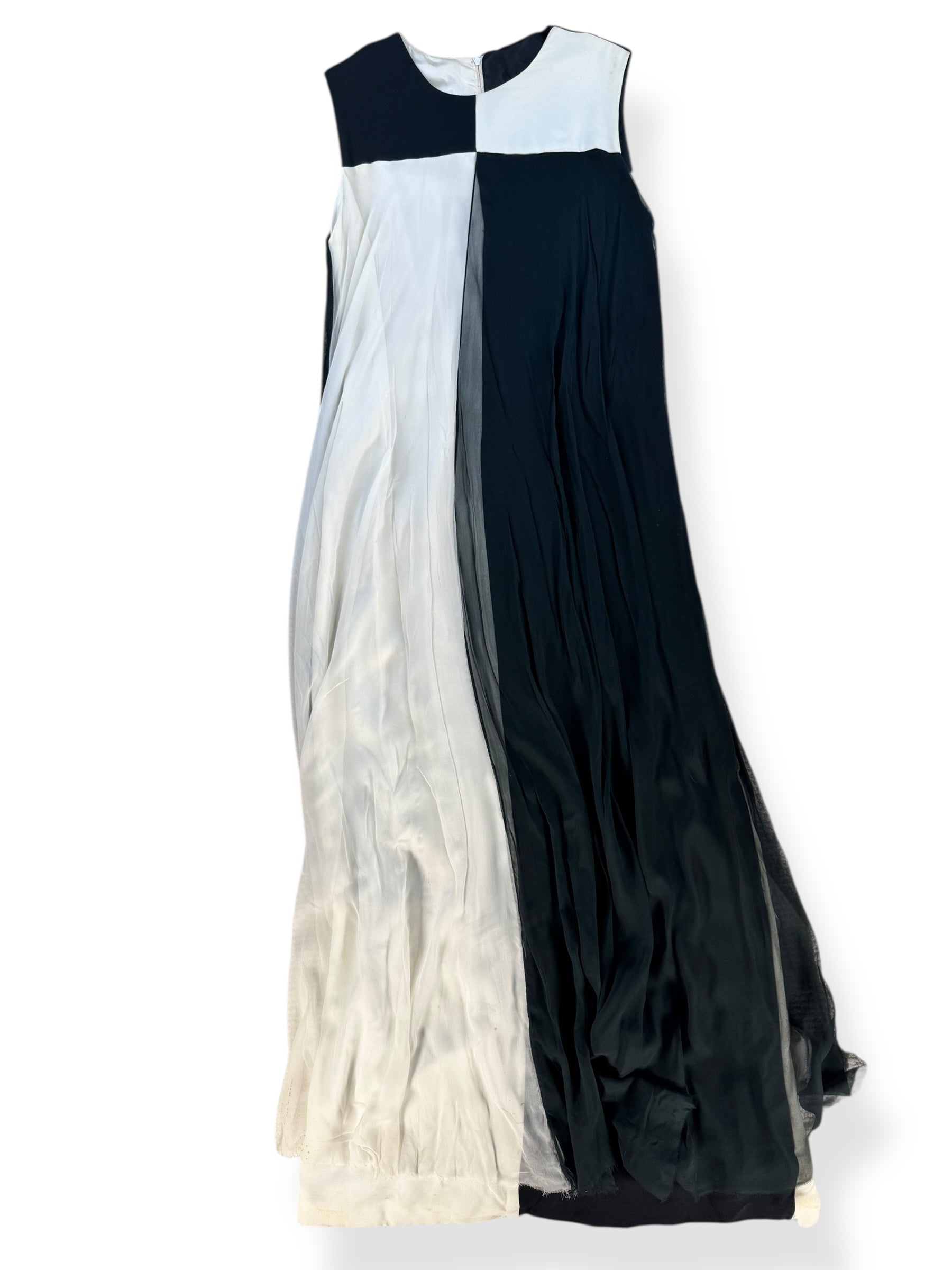 Front flat lay of 1960s Wounded Bird Colorblock Chiffon Maxi Dress L