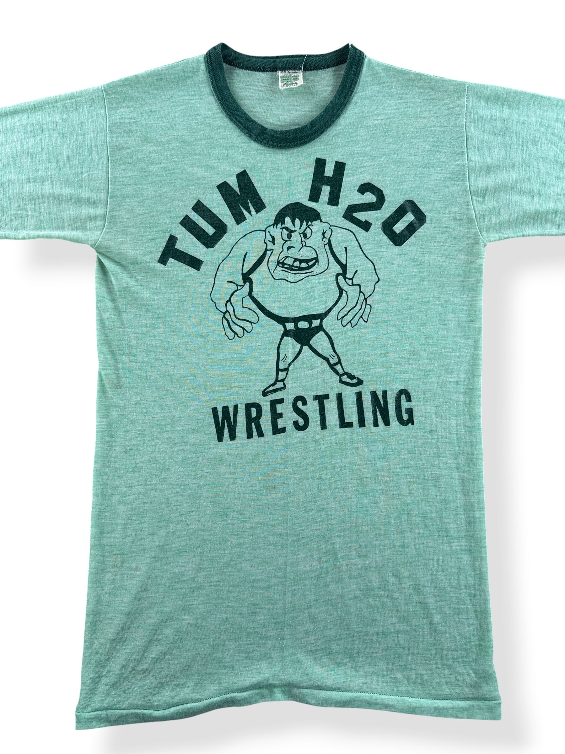 Front Close Up of Vintage Tumwater Wrestling Green Ringer Tee SZ M (Fits S)
