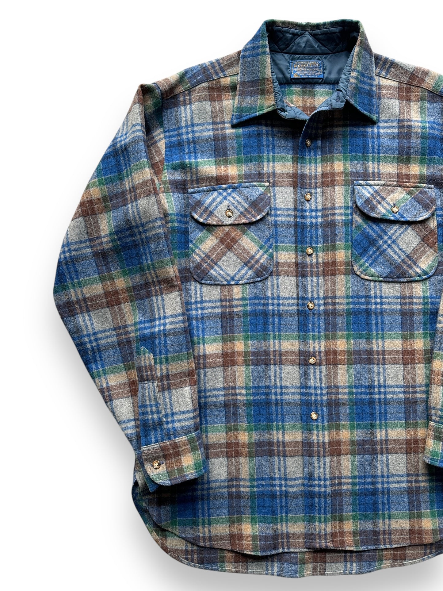 front right of Vintage Pendleton Blue/Green/Brown Plaid Flannel SZ L