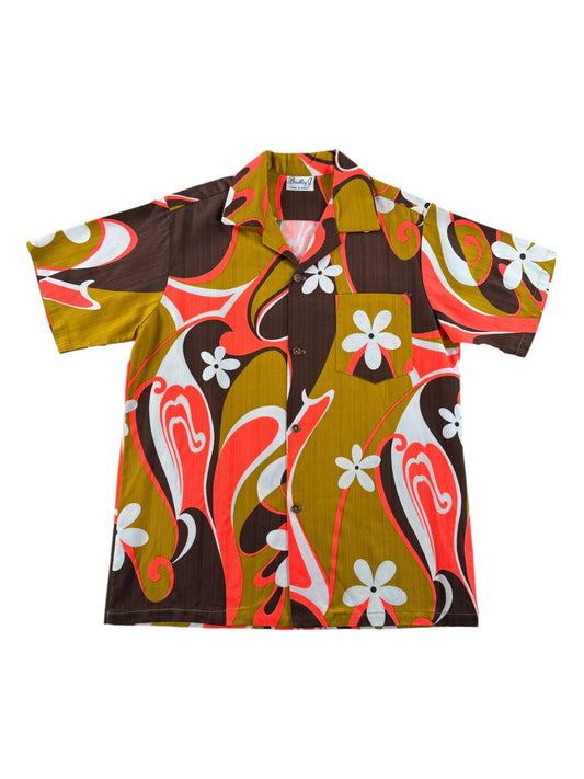 Front of Vintage Bradley Psychedelic Barkcloth Aloha Shirt SZ M