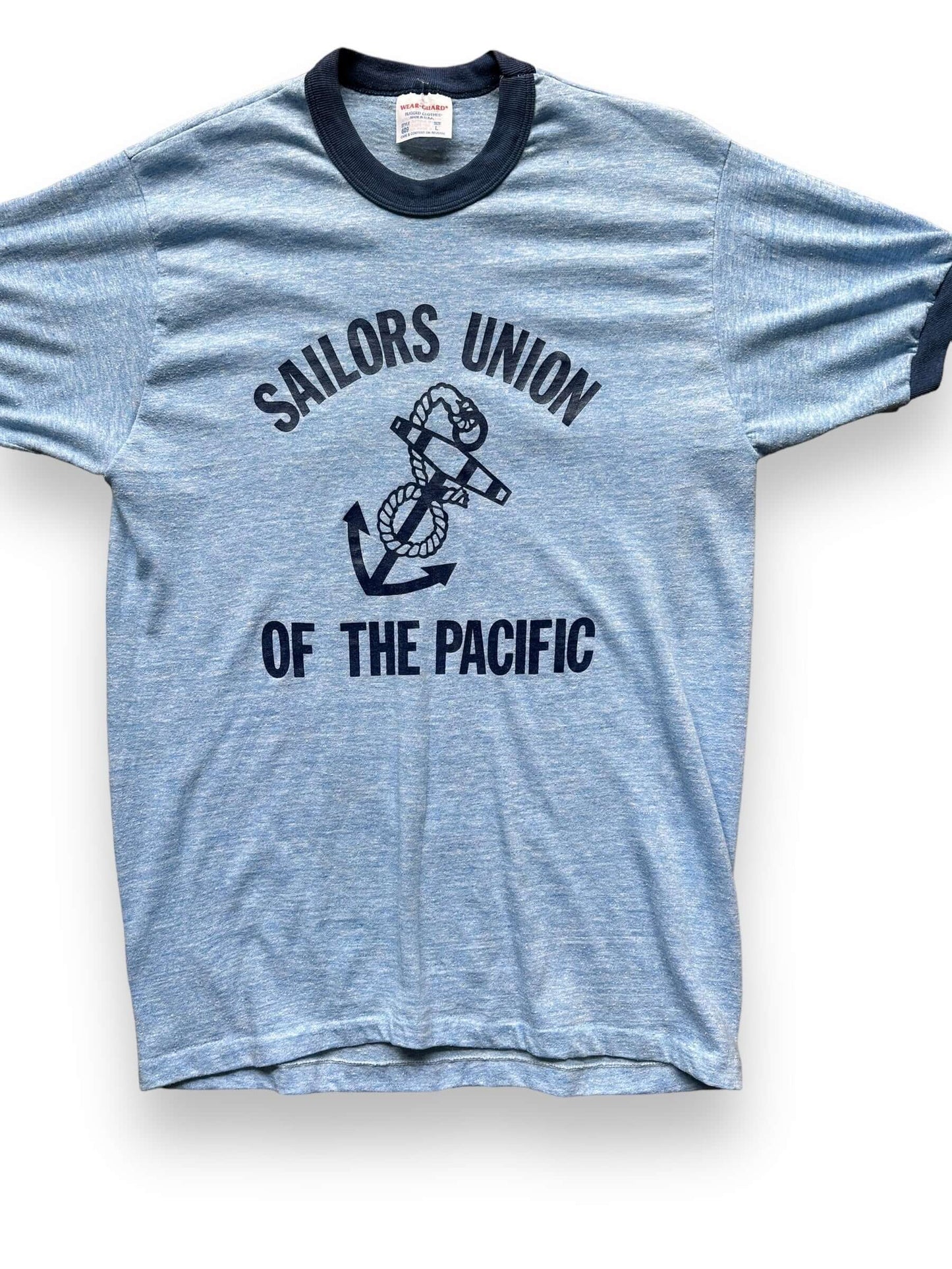 Front Left View of Vintage Sailors Union Ringer Tee SZ L | Vintage Ringer Tees Seattle