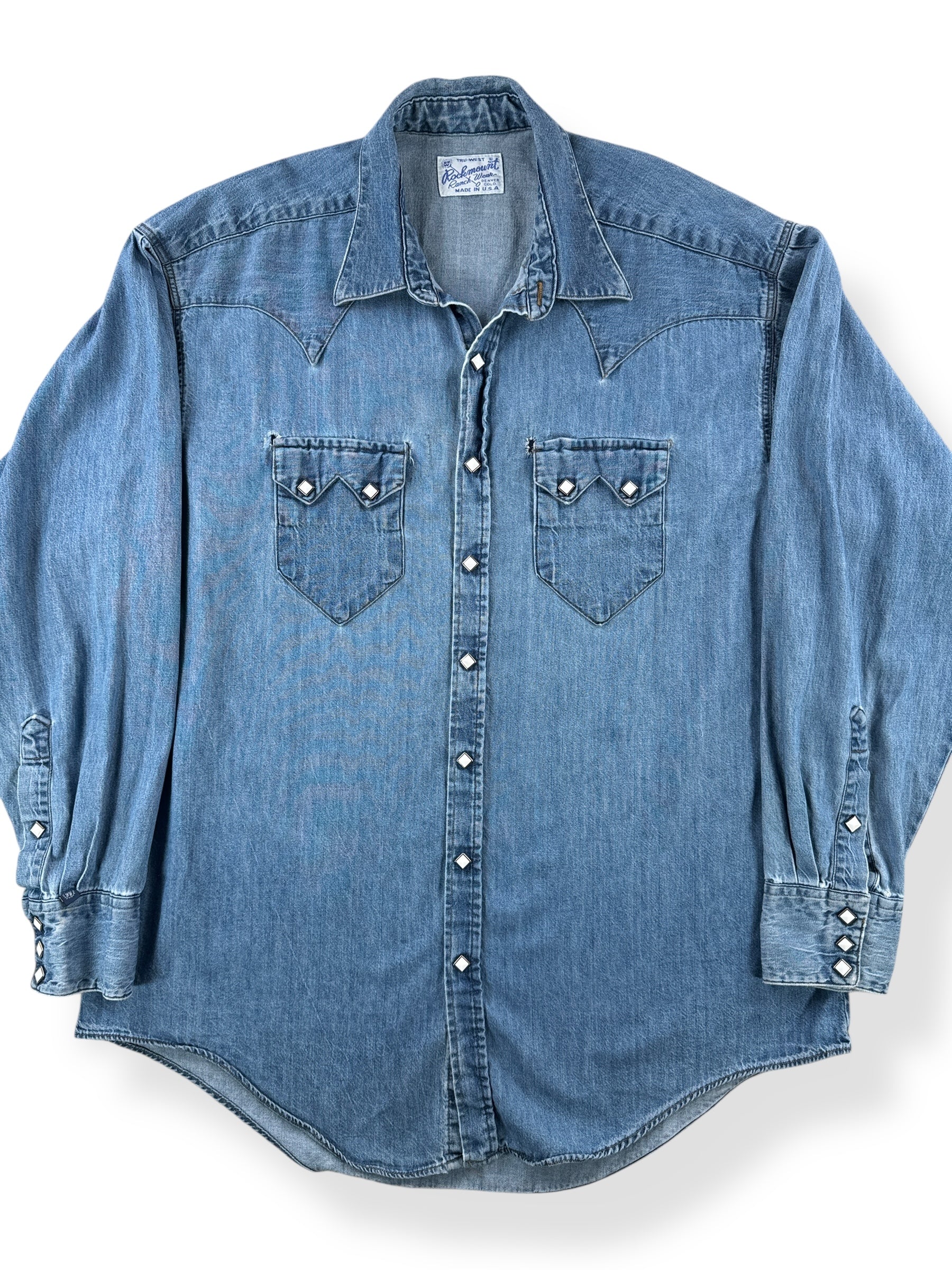 Front Close Up of Vintage Rockmount Western Wear Denim Shirt SZ XL