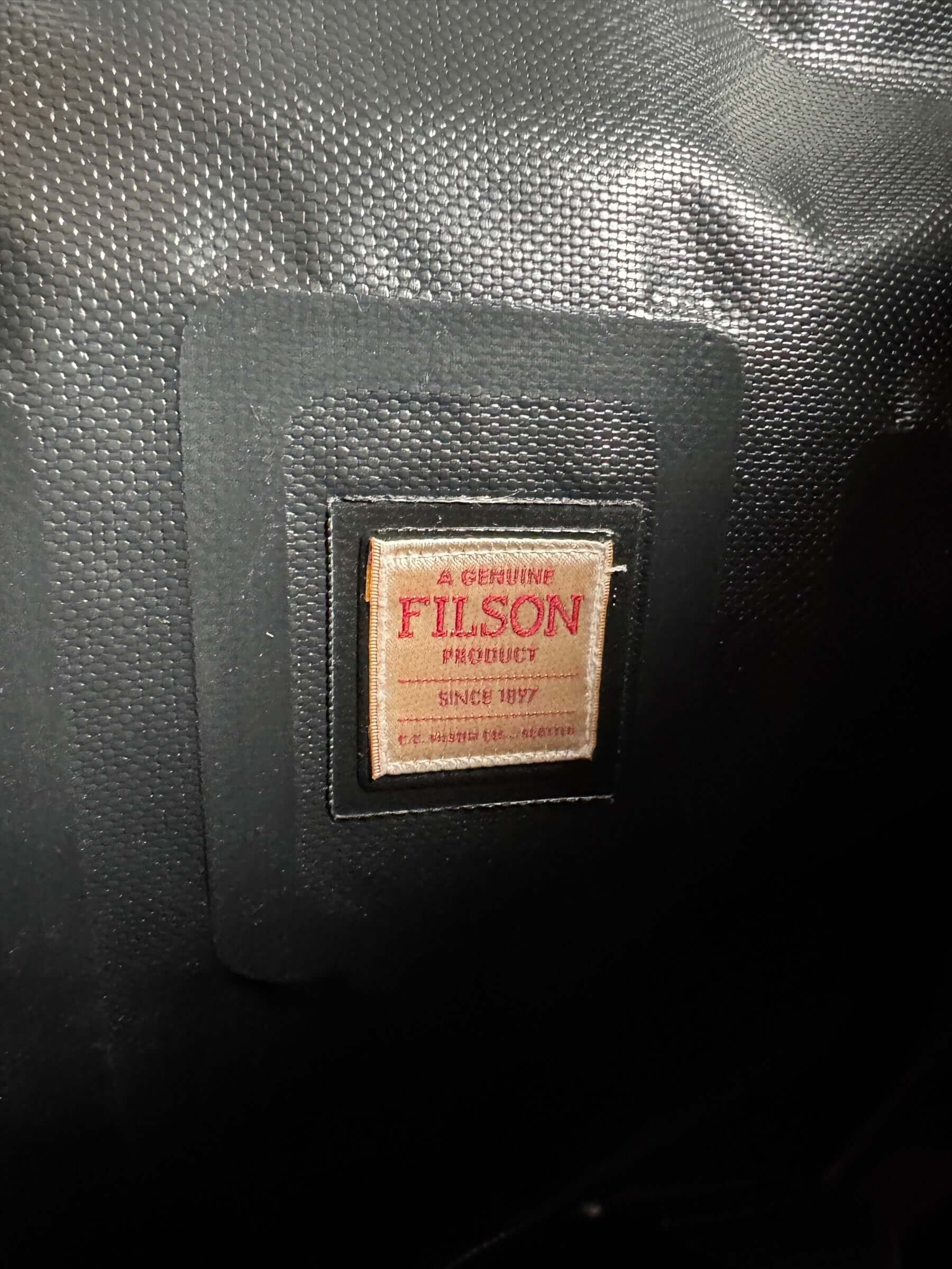 Filson logo on inside of Filson Dry Duffel Small Design Production Sample
