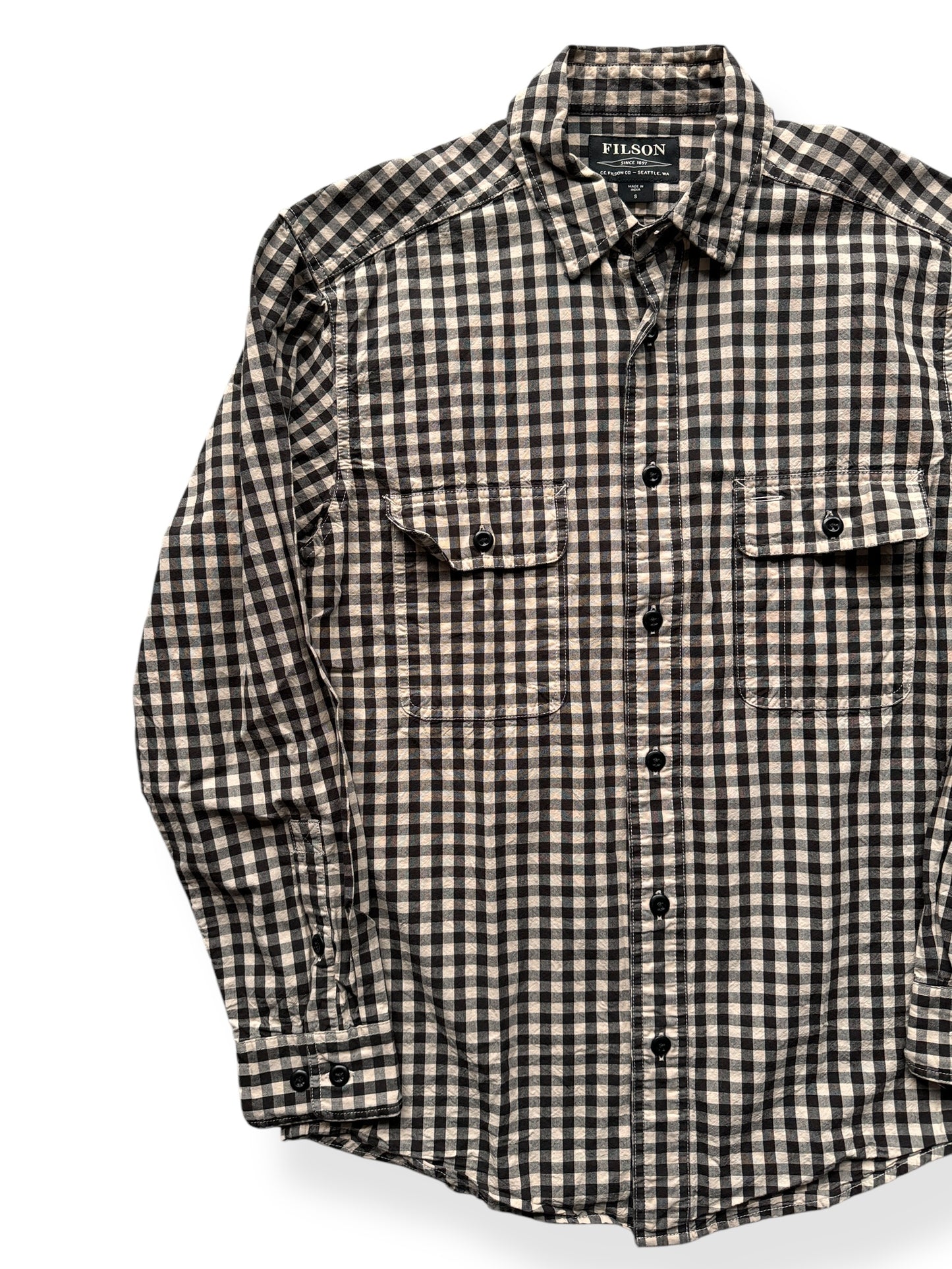 Front Right of Filson Black Tan Gingham Shirt SZ S