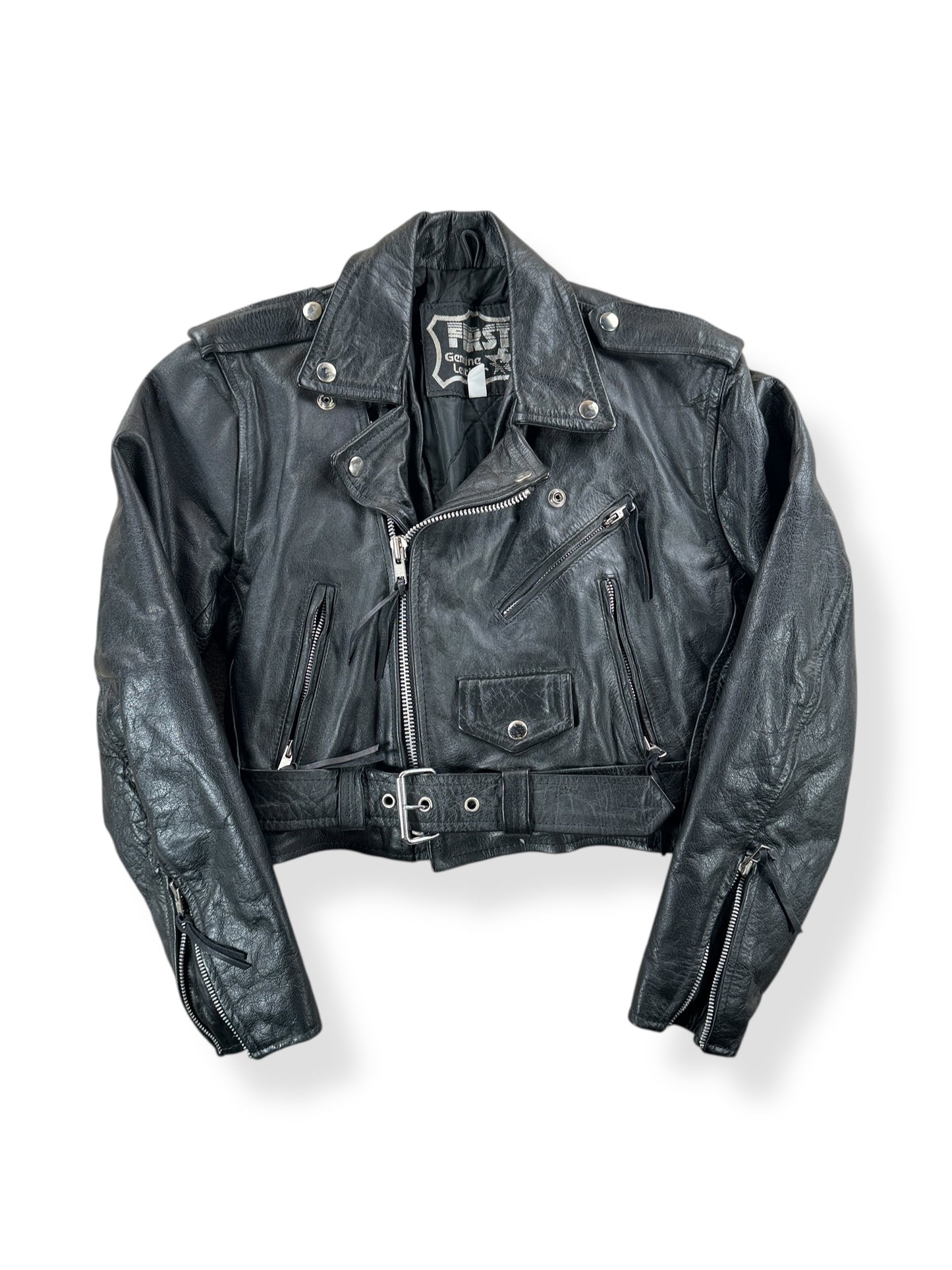 Front of Vintage Womens 1980s First Leather Motorcycle Jacket SZ S