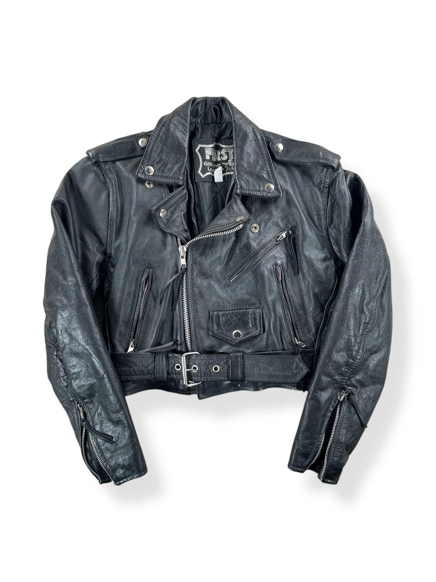 Front of Vintage Womens 1980s First Leather Motorcycle Jacket SZ S
