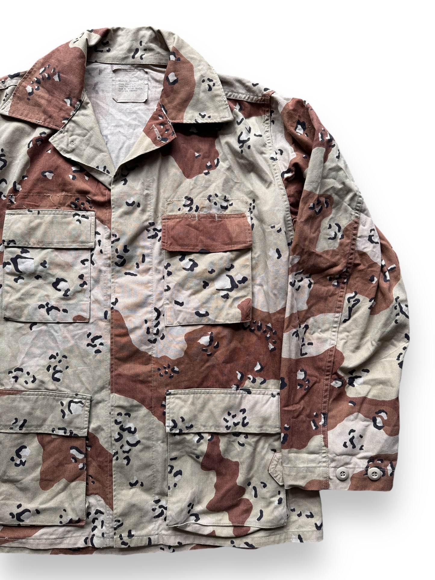 front left of Vintage Chocolate Chip Desert Camo Military Top SZ M