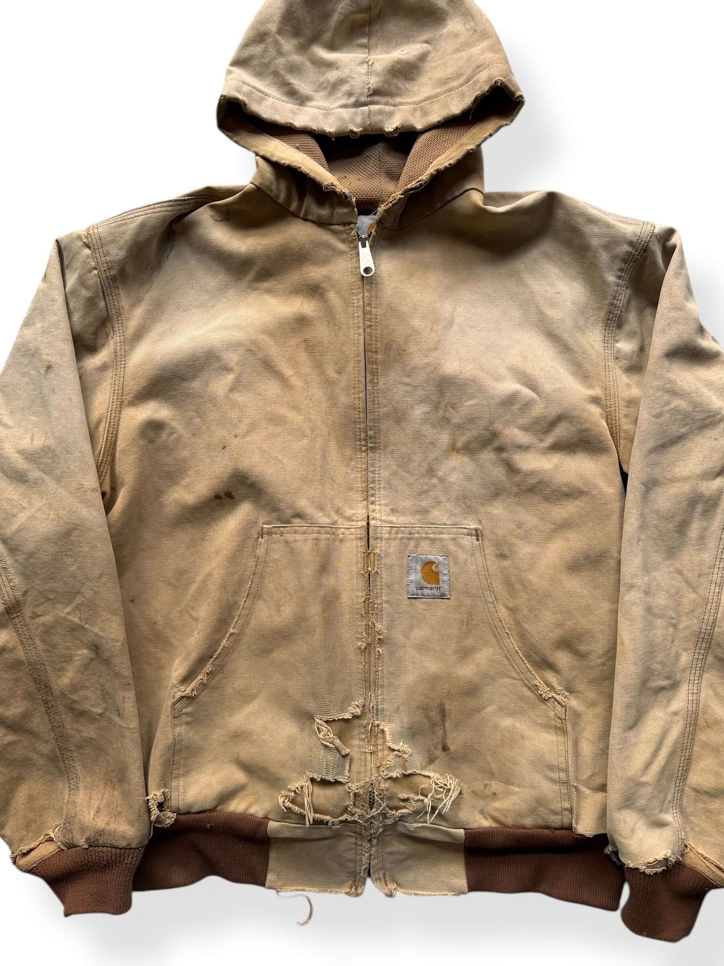 Front Close Up of Thrashed Carhartt Hooded Jacket SZ L