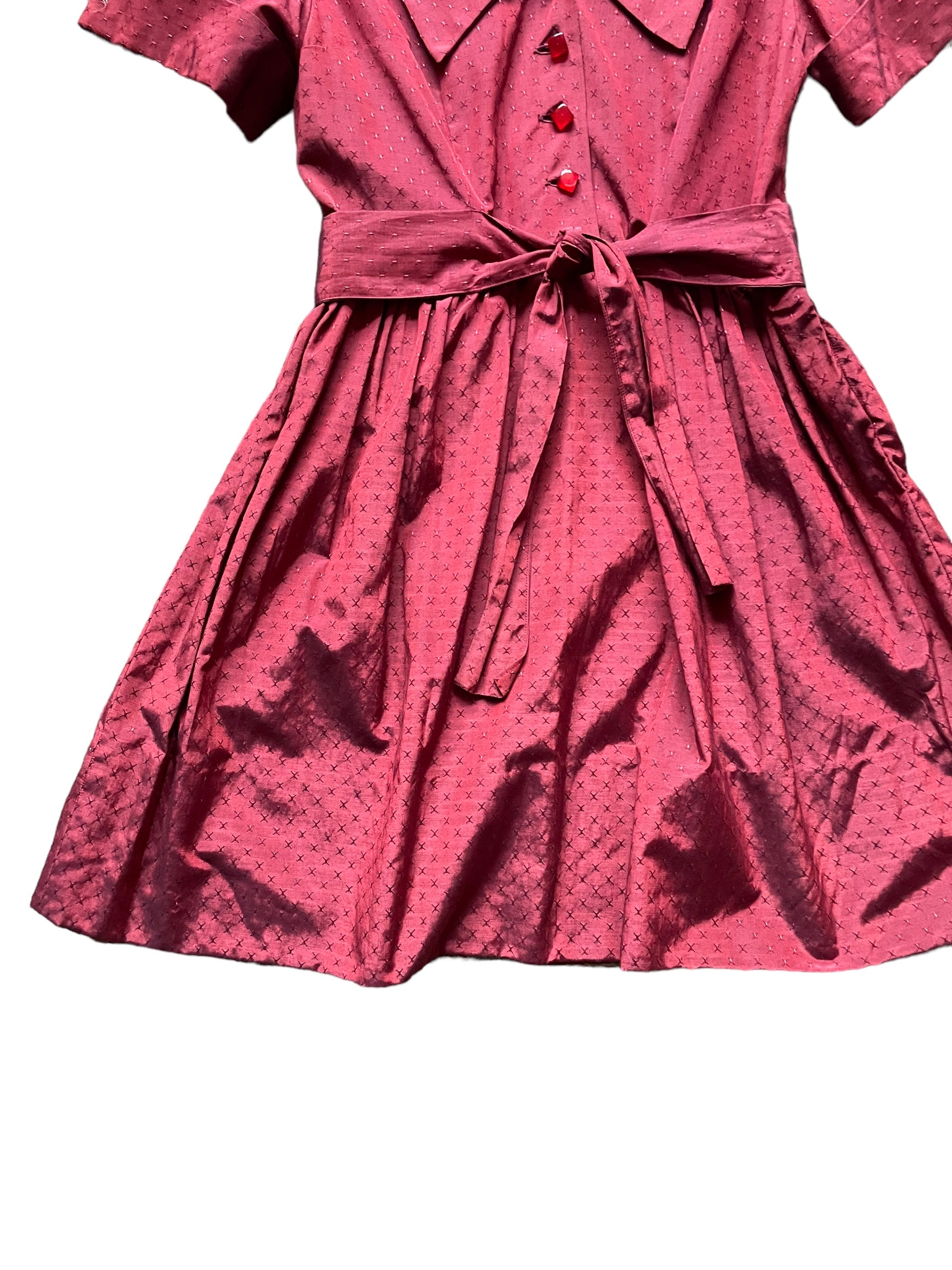 Front skirt view of Vintage 1950s Handmade Red Satin Dress  SZ M |  Barn Owl Vintage Dresses | Seattle Ladies Vintage Clothing
