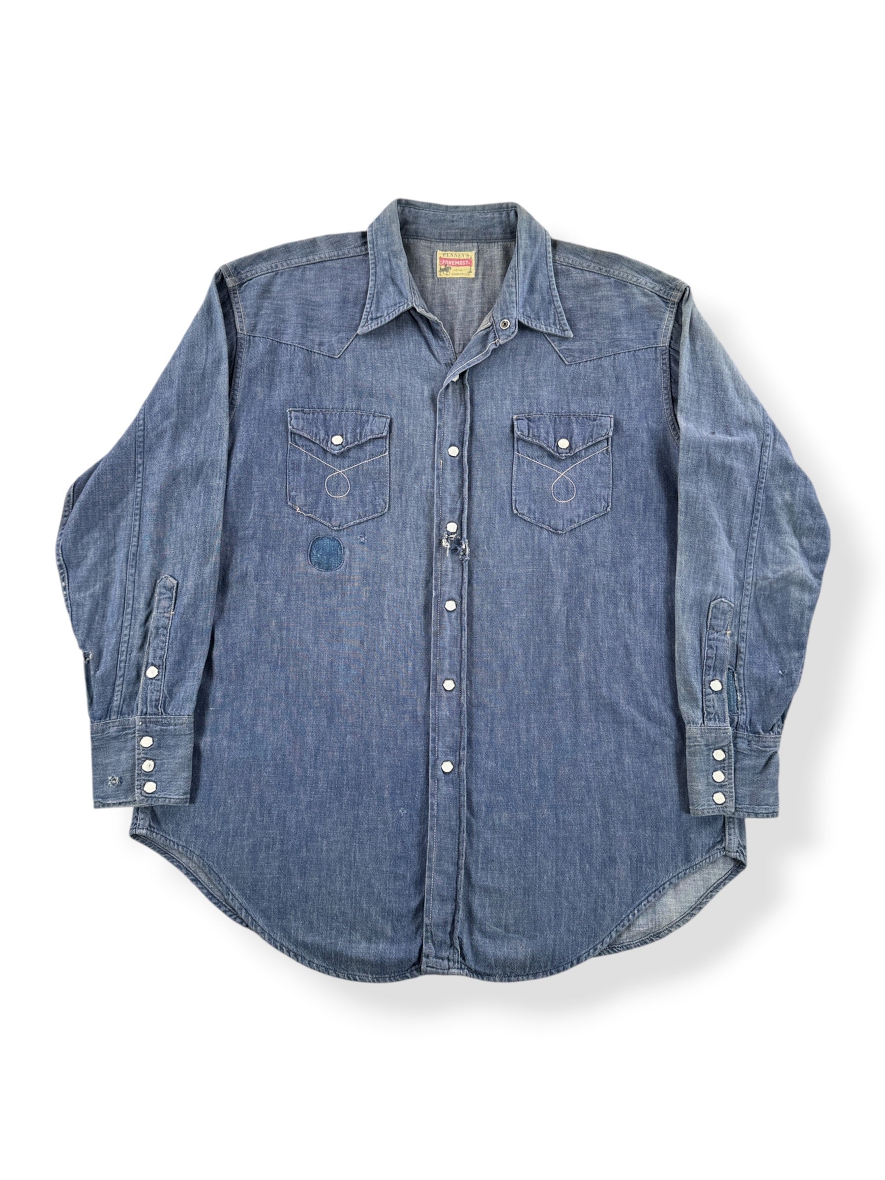 Front of Vintage 1950s Penny's Foremost Denim Western Shirt SZ XL