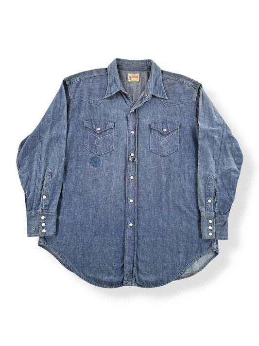 Front of Vintage 1950s Penny's Foremost Denim Western Shirt SZ XL