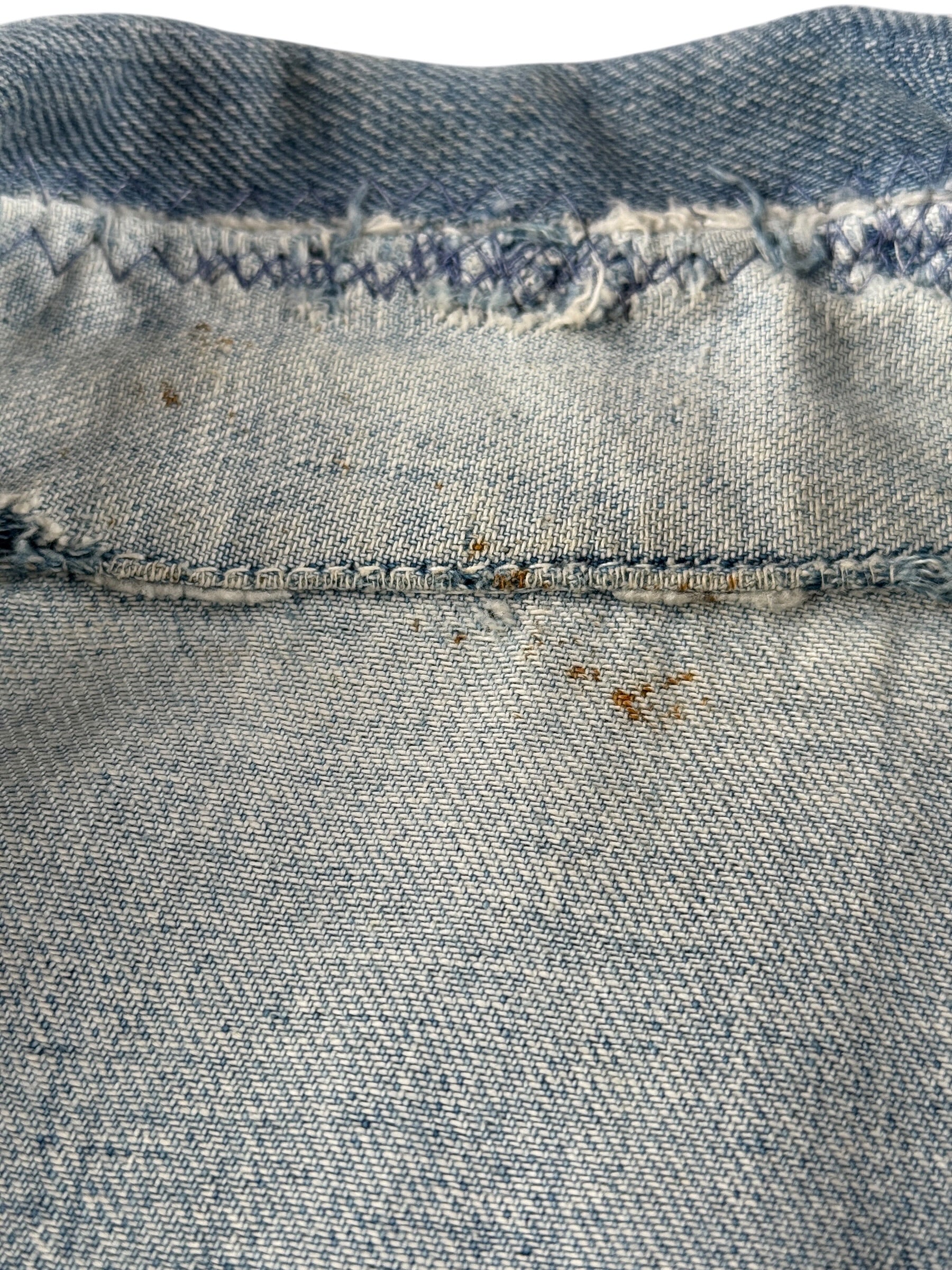 Cut tags on Vintage 70s Two Tone Denim Chore Jacket SZ S
