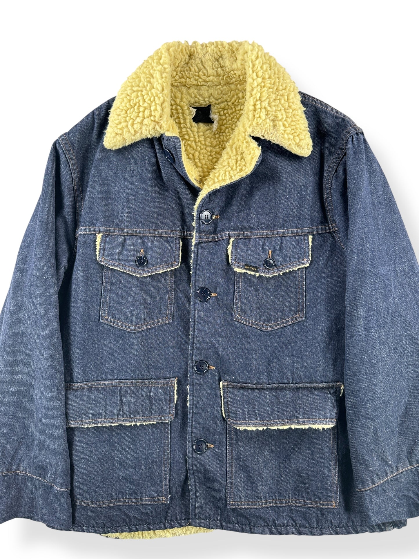 Front Close Up of Vintage Roebucks Sherpa Denim Coat SZ XL