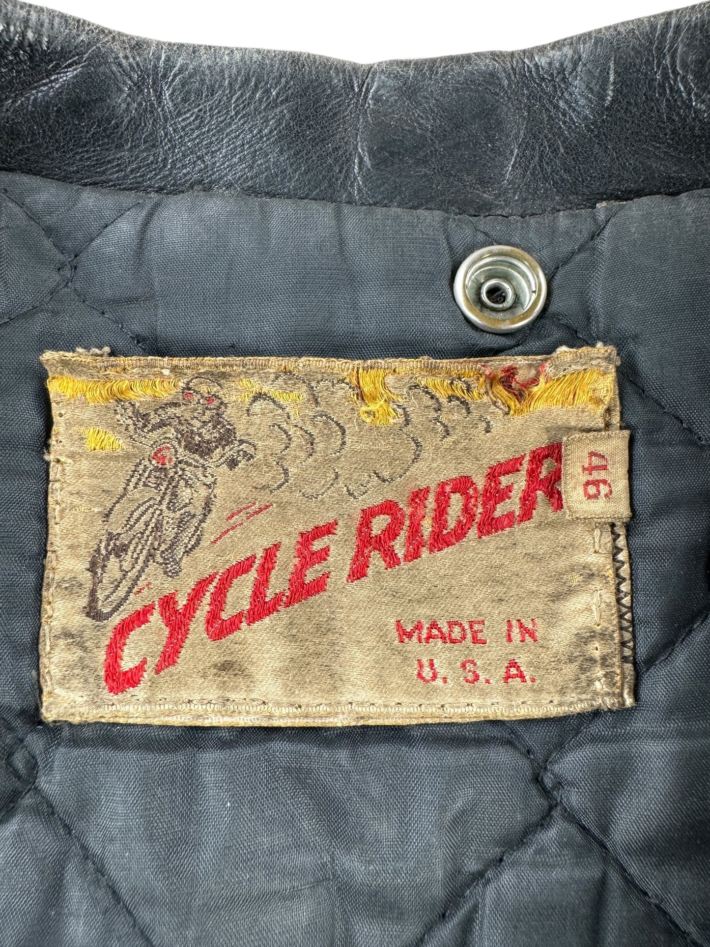 Label on Vintage Cycle Rider Leather Jacket SZ 46