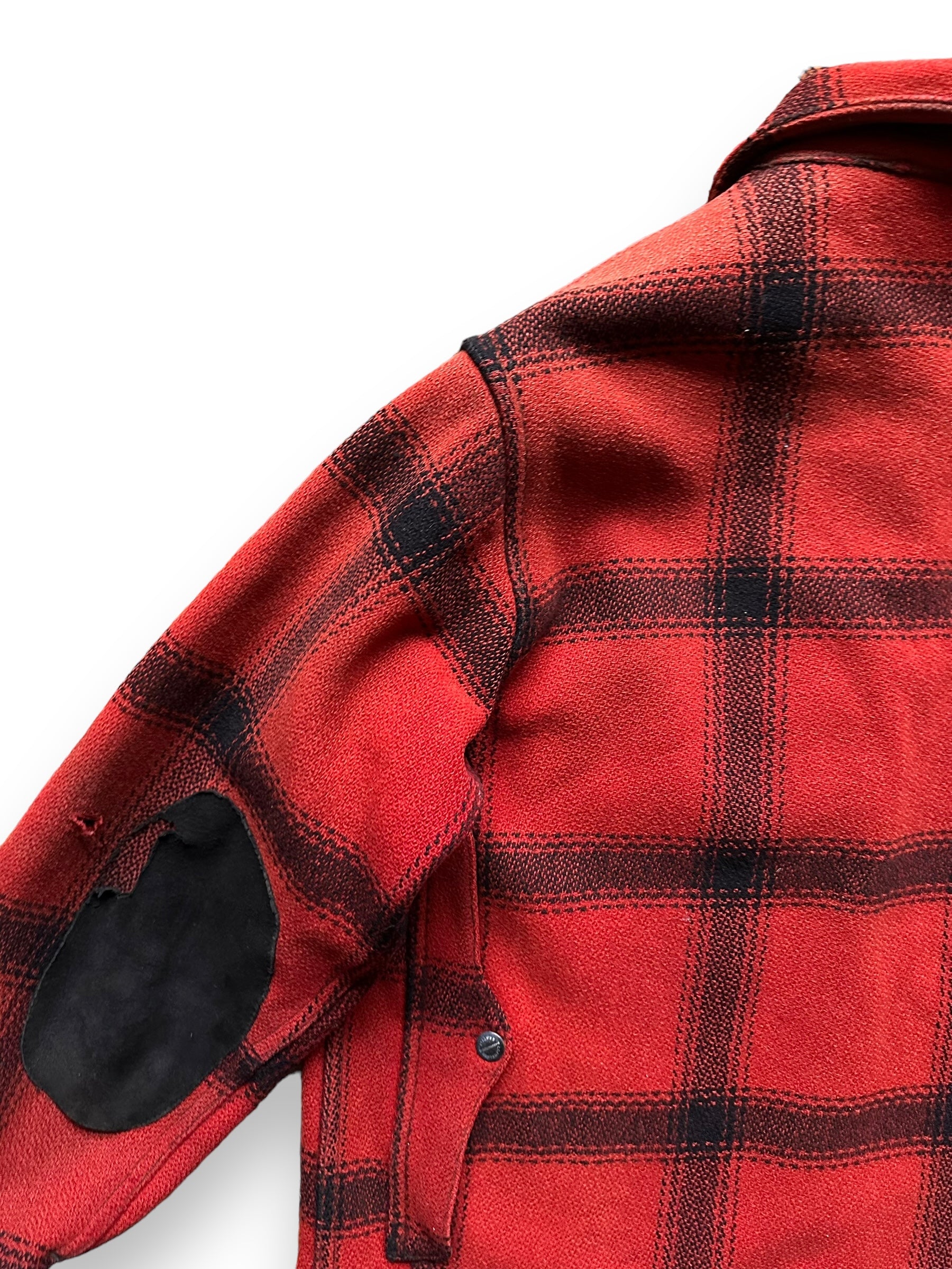 Rear Left Shoulder View of Vintage 75% Red Filson Hunter Wool Jacket SZ 44 | Vintage Filson Workwear Seattle | Vintage Workwear Seattle