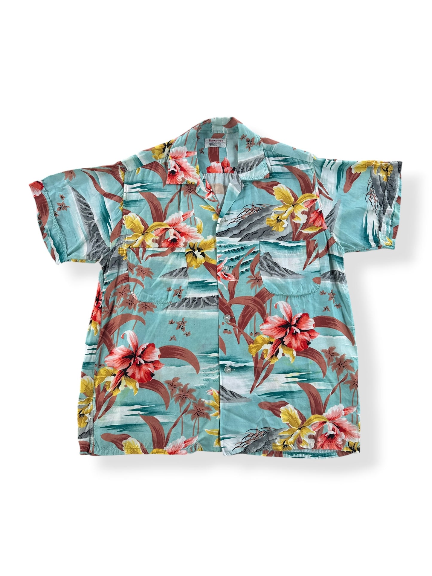 Front of Vintage Penney's Flowers & Waves Rayon Aloha Shirt SZ M