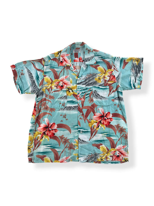 Front of Vintage Penney's Flowers & Waves Rayon Aloha Shirt SZ M