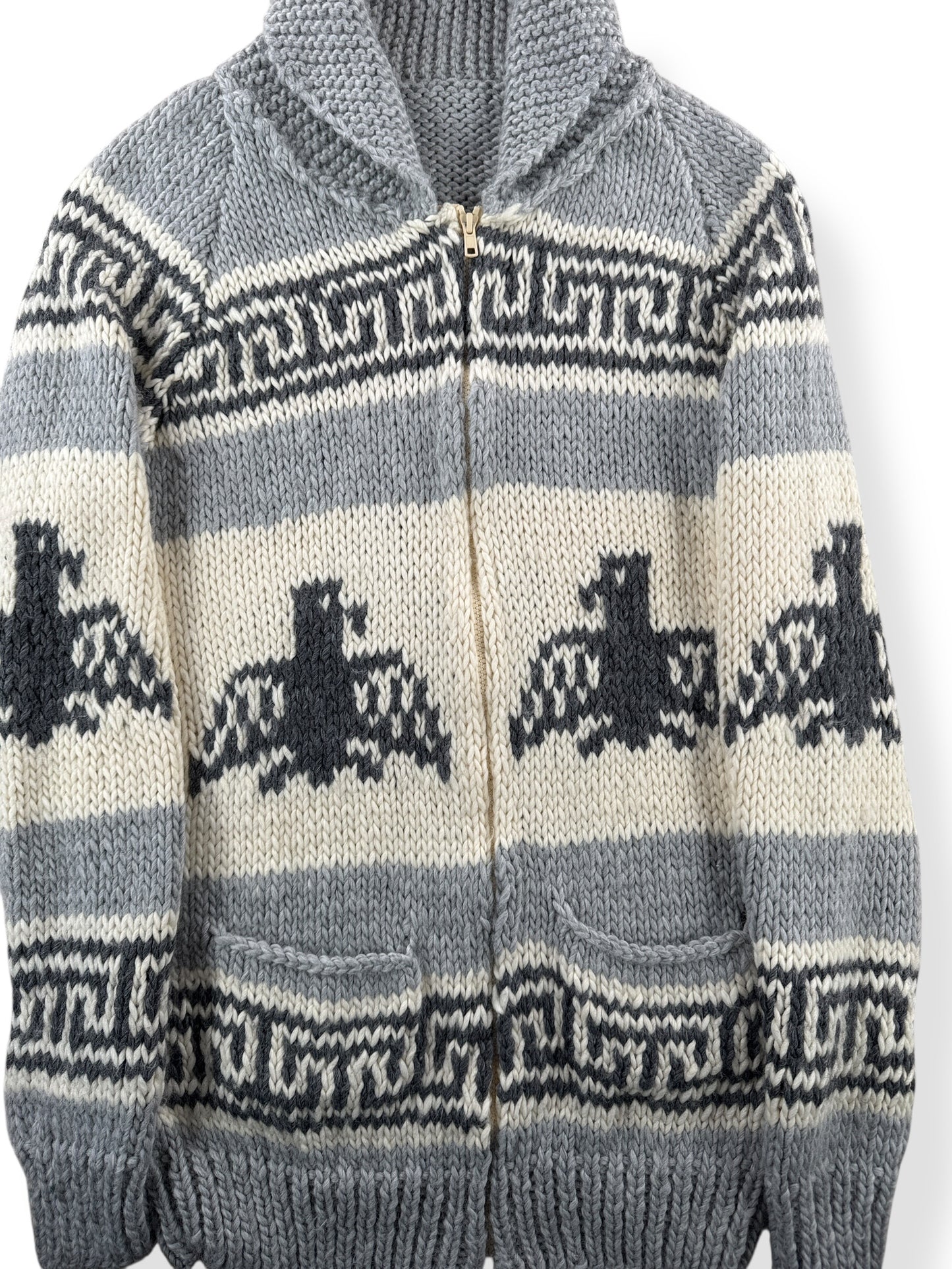 Front Close Up of Vintage Soft Thunderbird Cowichan Style Sweater SZ S