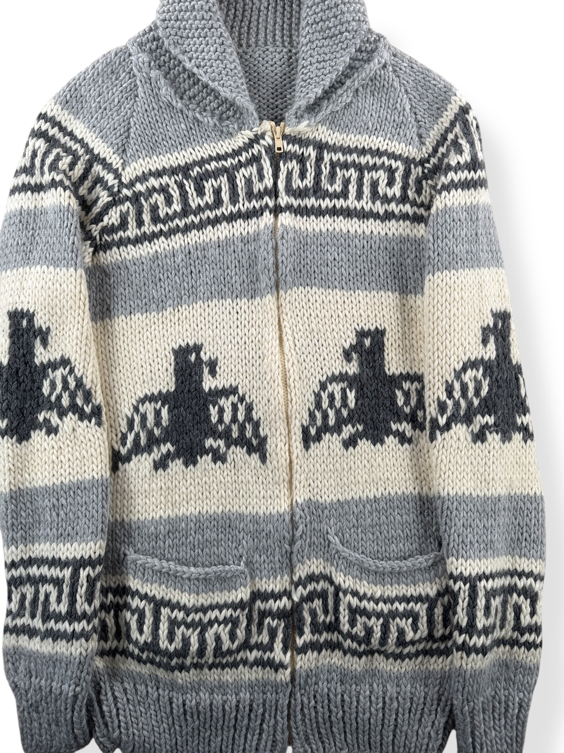 Front Close Up of Vintage Soft Thunderbird Cowichan Style Sweater SZ S