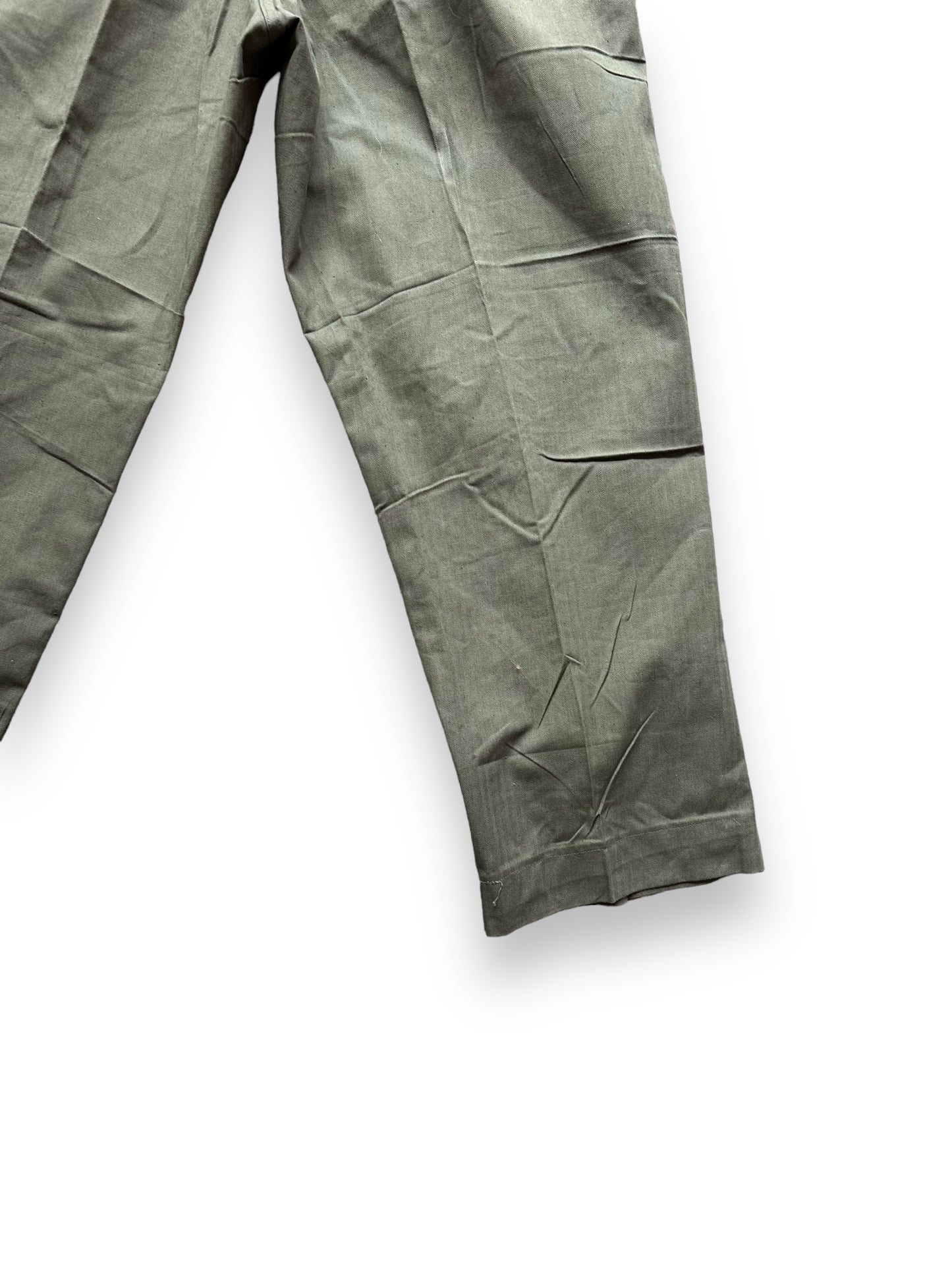 Rear Right Lower View of Vintage WWII M-43 HBT Field Cotton Trousers Olive Drab W34 | Barn Owl Vintage Seattle | Vintage Military Trousers Seattle