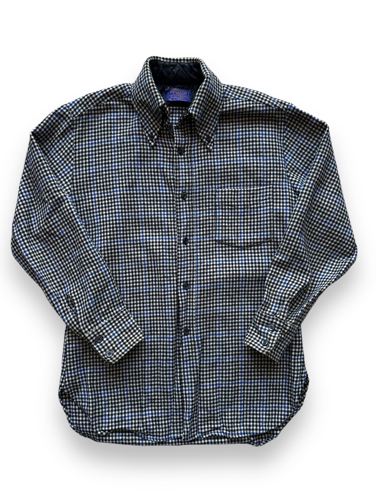 front of Vintage Pendleton Blue and Black Houndstooth Flannel SZ M