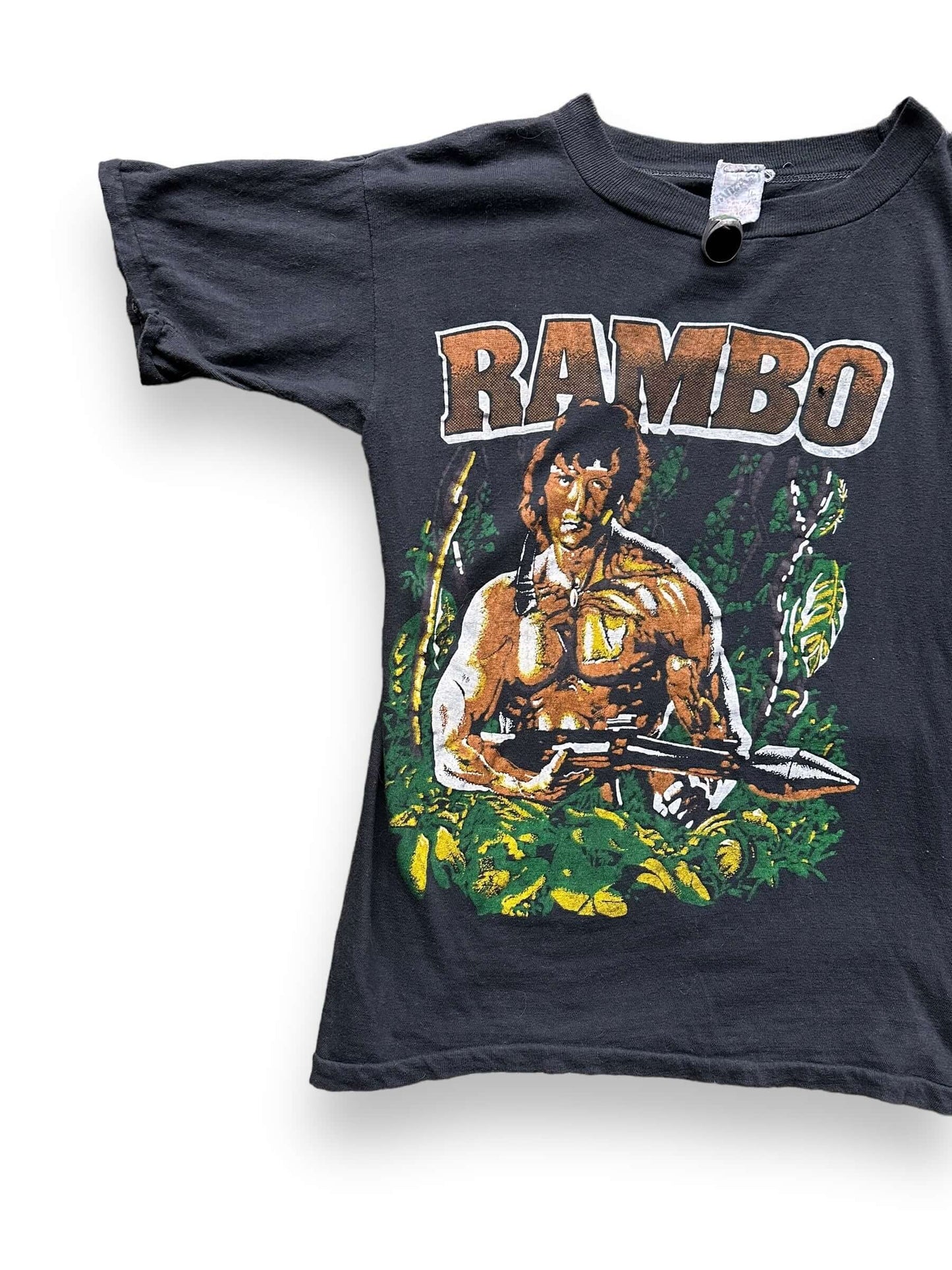 Front Right View of Vintage Sylvester Stallone Rambo T-Shirt SZ L |  Vintage John Rambo Tee Seattle | Barn Owl Vintage