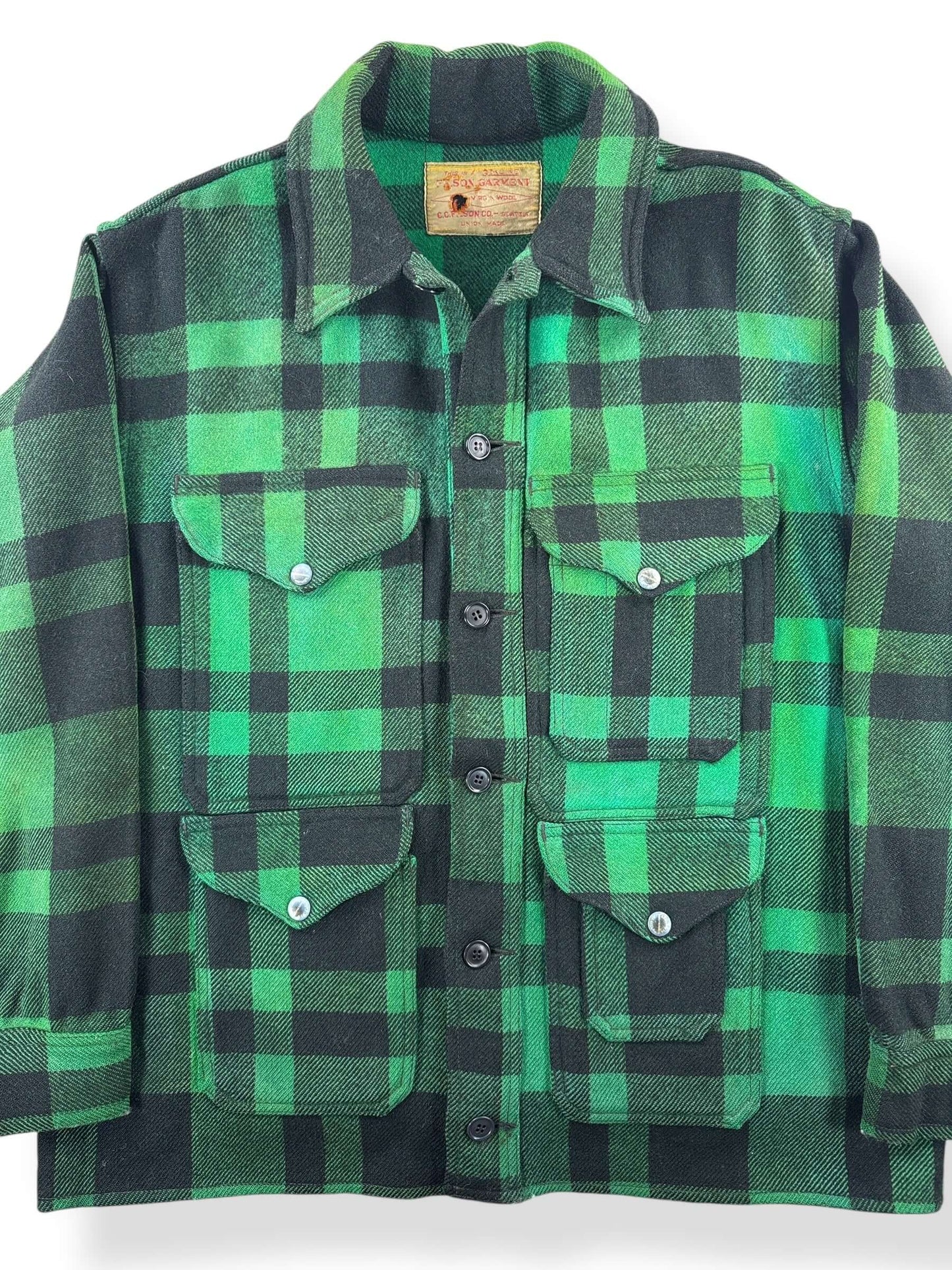 Front Close Up of Vintage Union Made Filson Green and Black Cruiser Jacket SZ 46