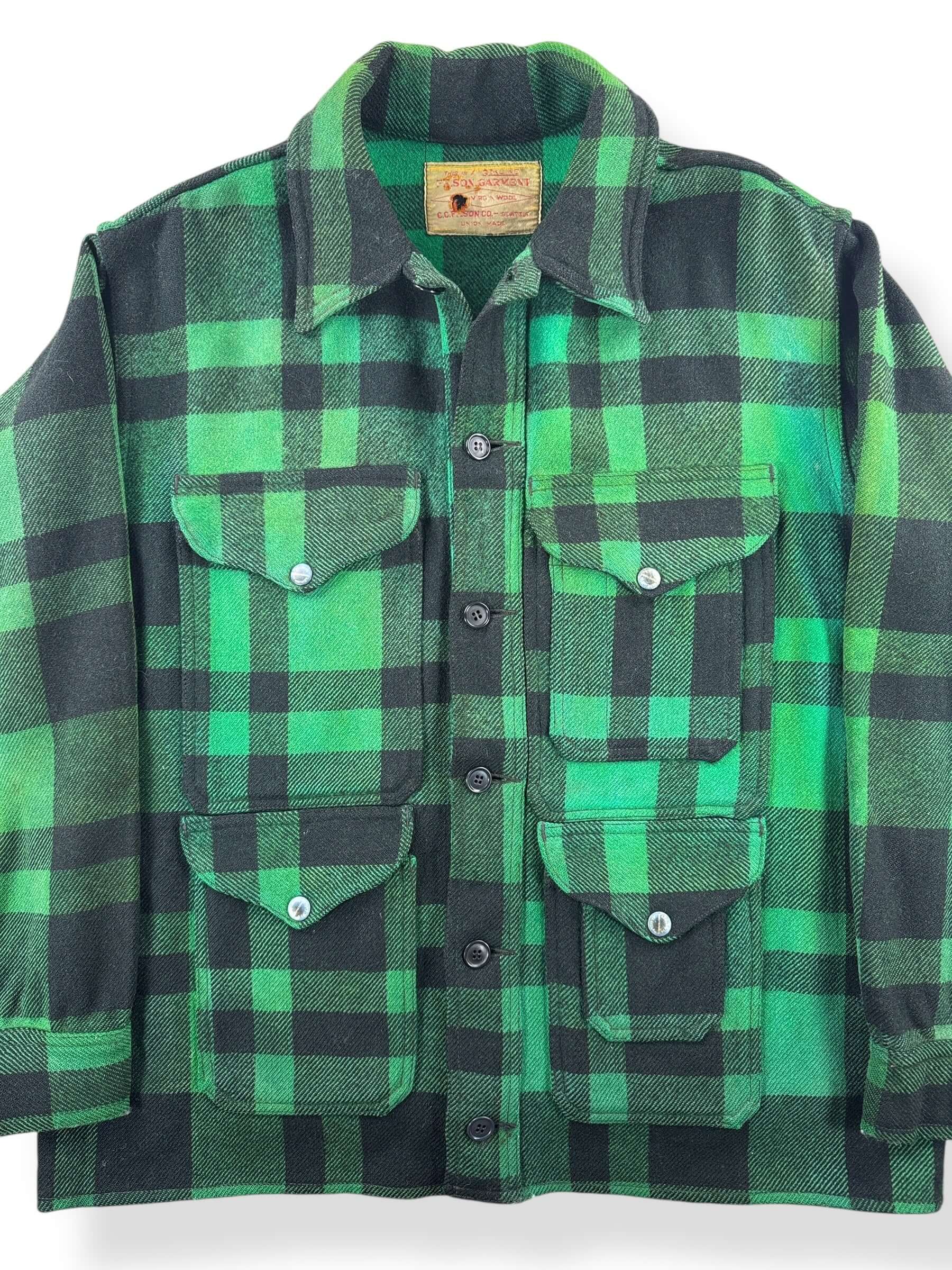 Front Close Up of Vintage Union Made Filson Green and Black Cruiser Jacket SZ 46