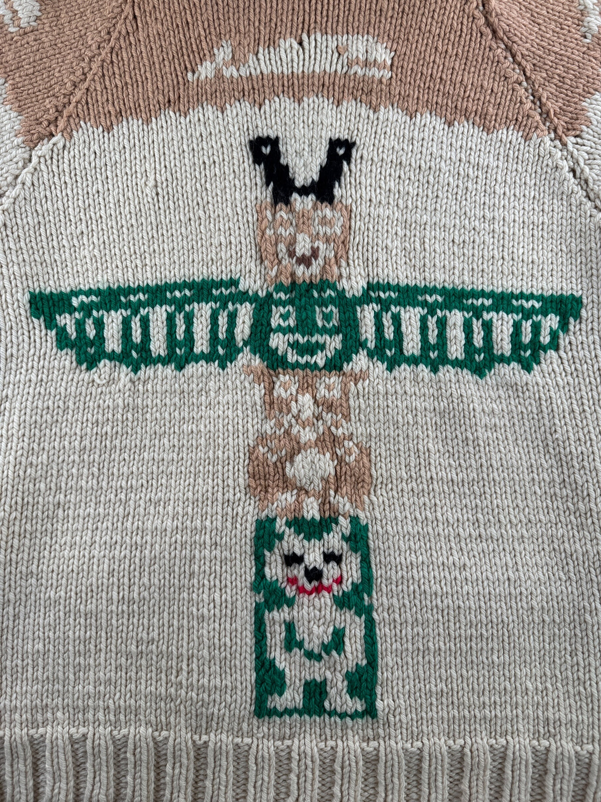 Totem pattern on back of Vintage Totem Thunderbird Cowichan Style Sweater SZ L
