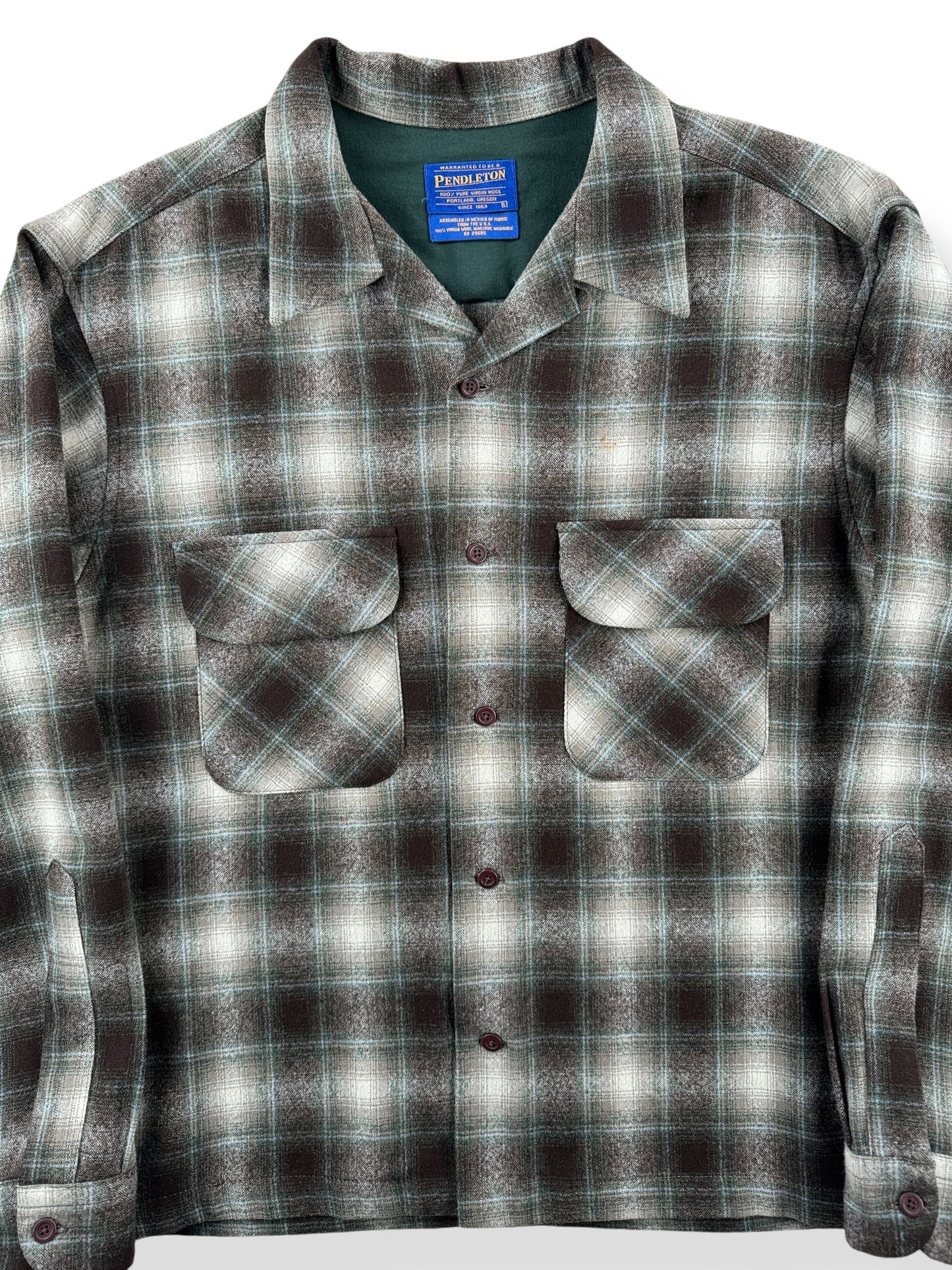 Front Close Up of Vintage Made in Mexico Pendleton Green & Brown Shadowplaid Board Shirt SZ L