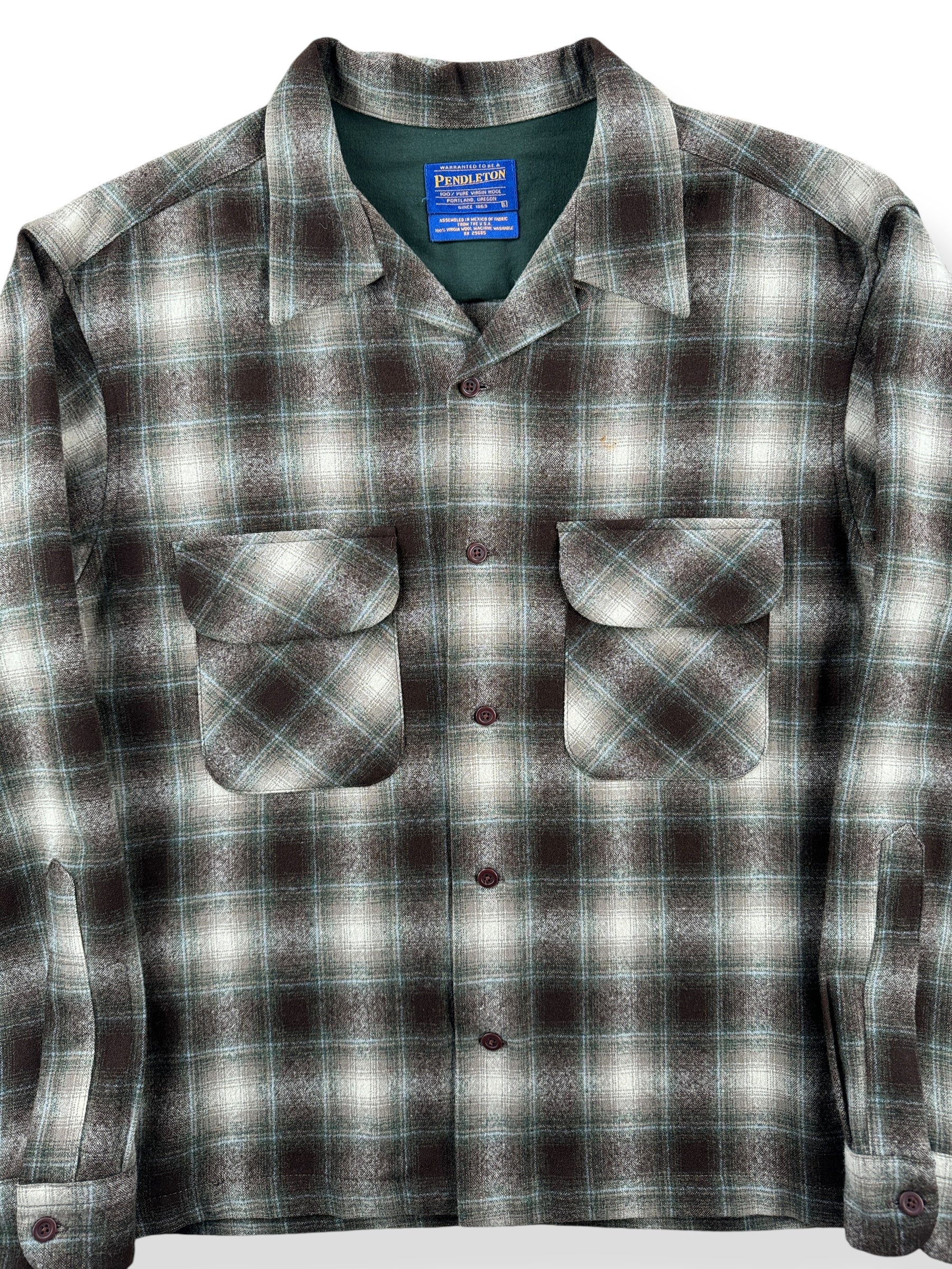 Front Close Up of Vintage Made in Mexico Pendleton Green & Brown Shadowplaid Board Shirt SZ L