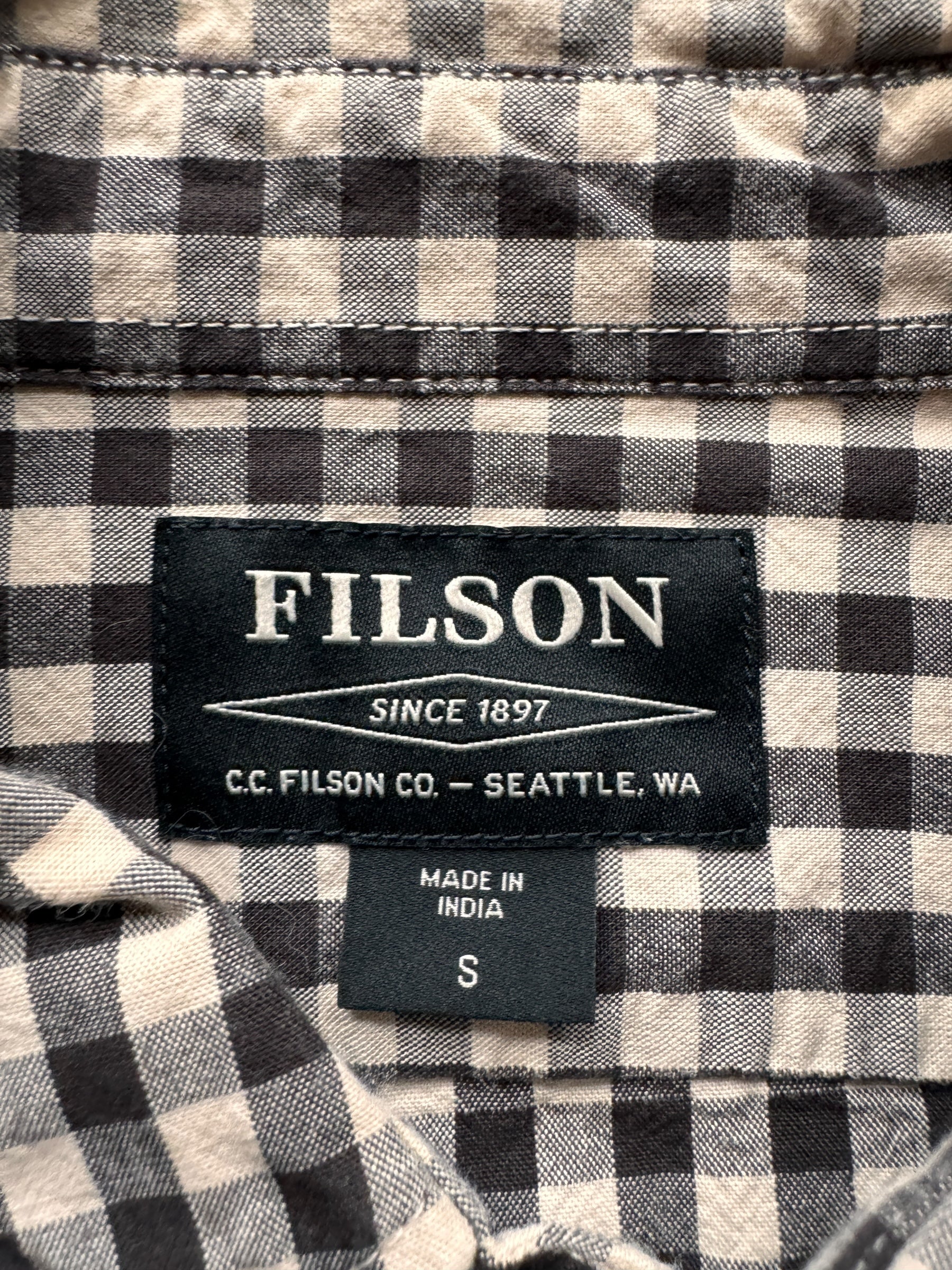 Tag on Filson Black Tan Gingham Shirt SZ S